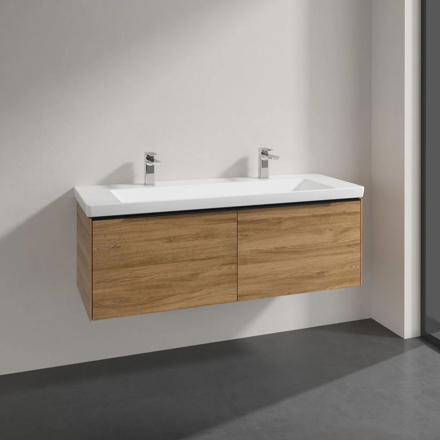 Umywalka z drewnianym frontem w łazience, Villeroy & Boch