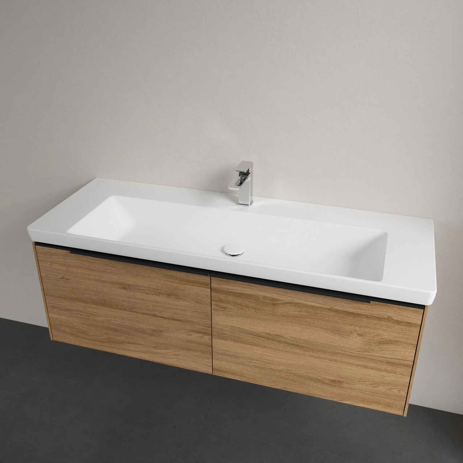 Umywalka z drewnianą szafką z bliska, Villeroy & Boch