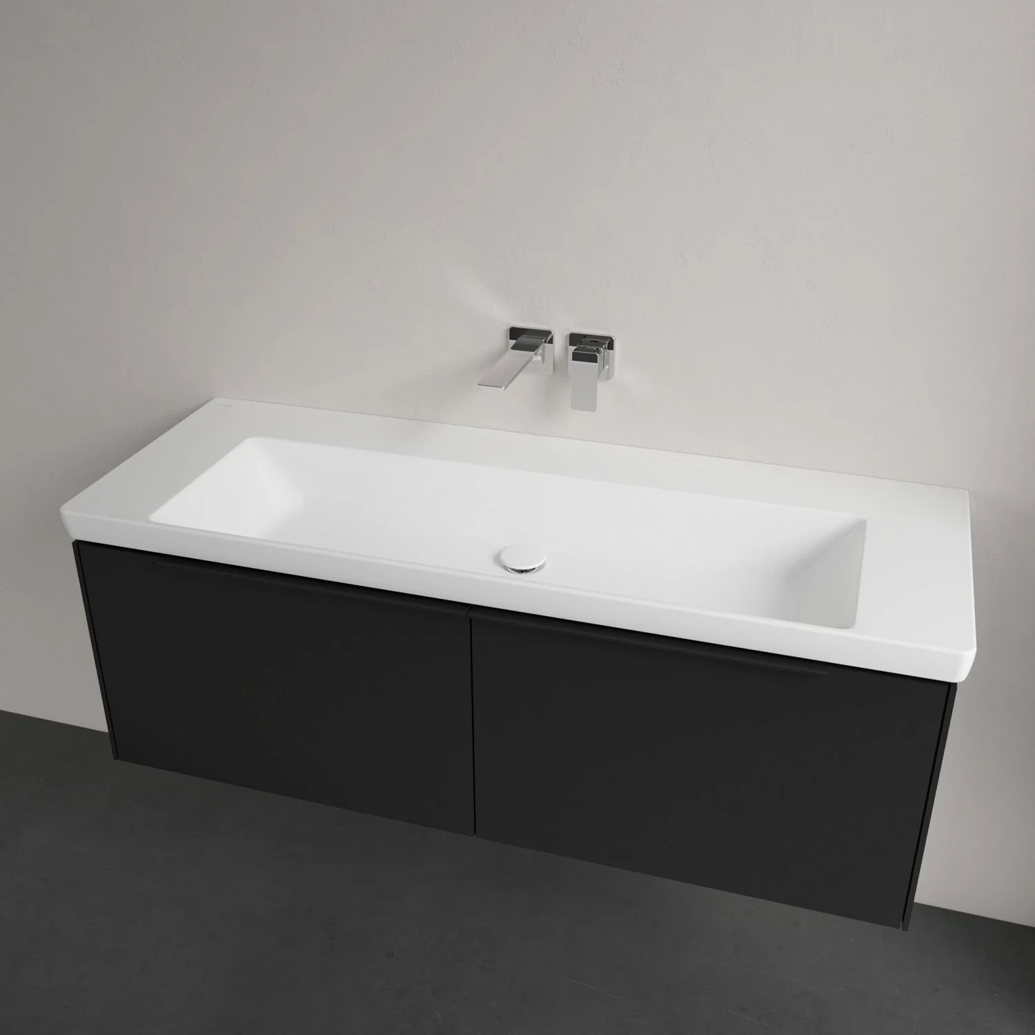 Umywalka z baterią ścienną w zbliżeniu, Villeroy & Boch
