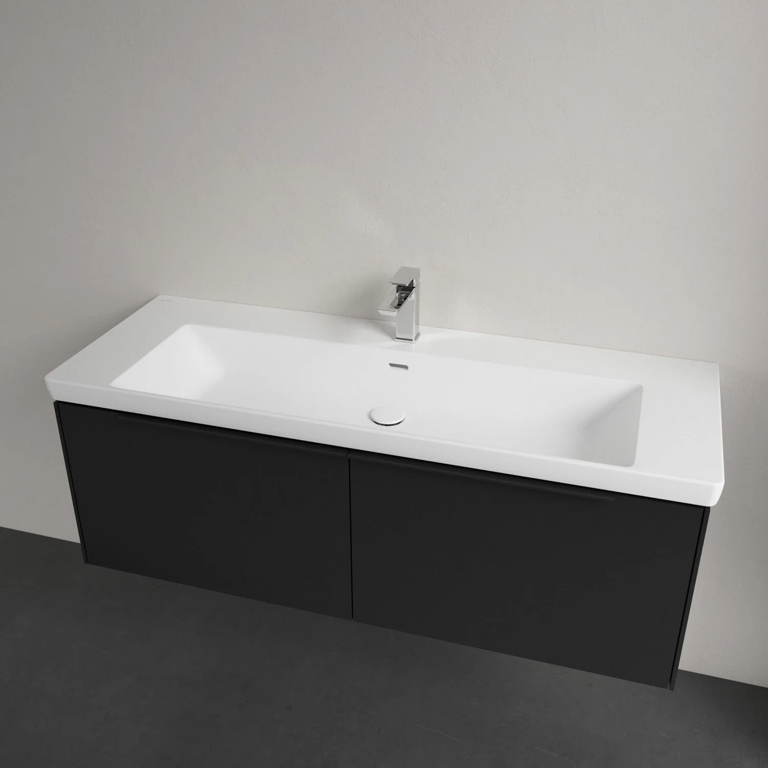 Umywalka z szarą szafką w zbliżeniu, Villeroy & Boch