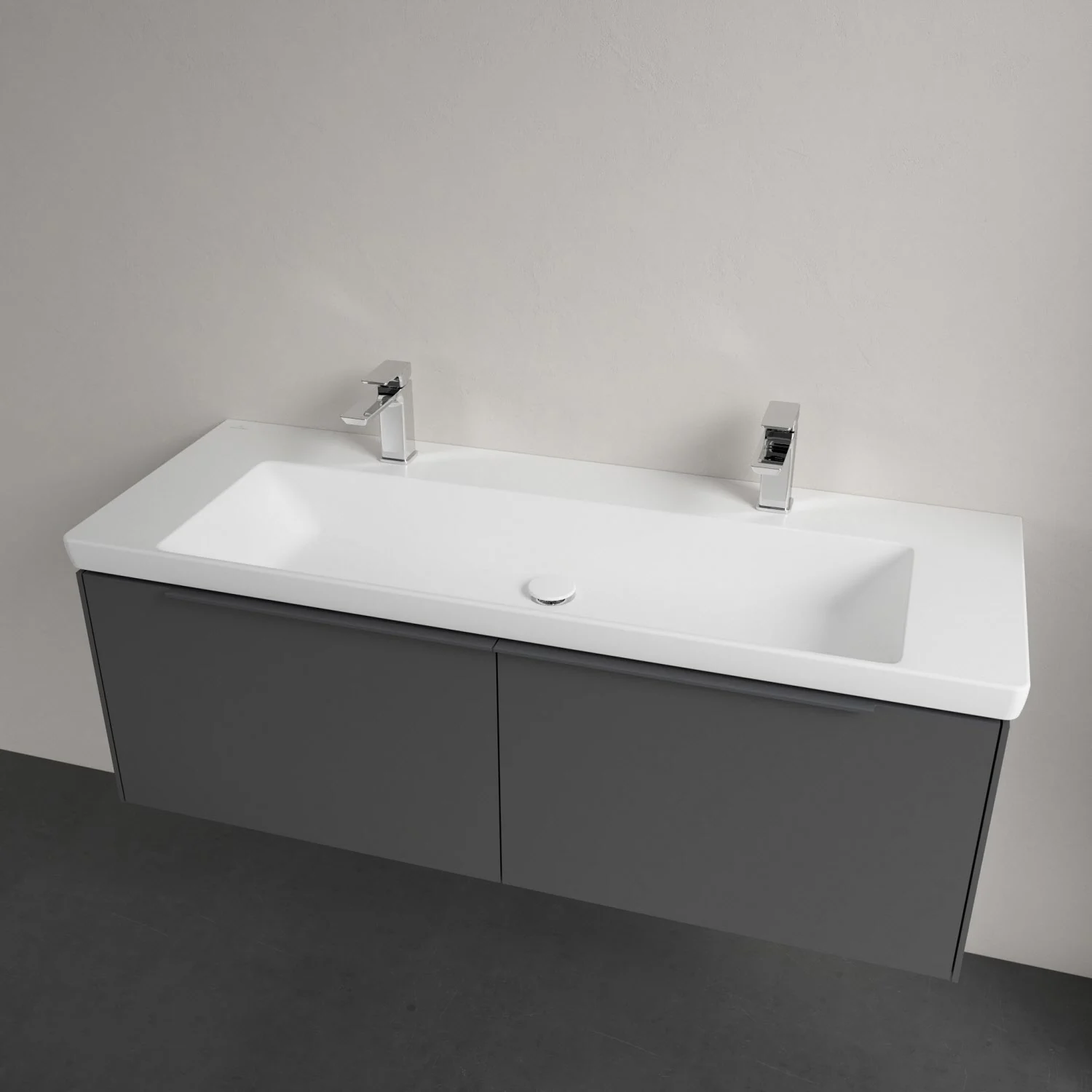 Umywalka z szarą szafką w zbliżeniu, Villeroy & Boch