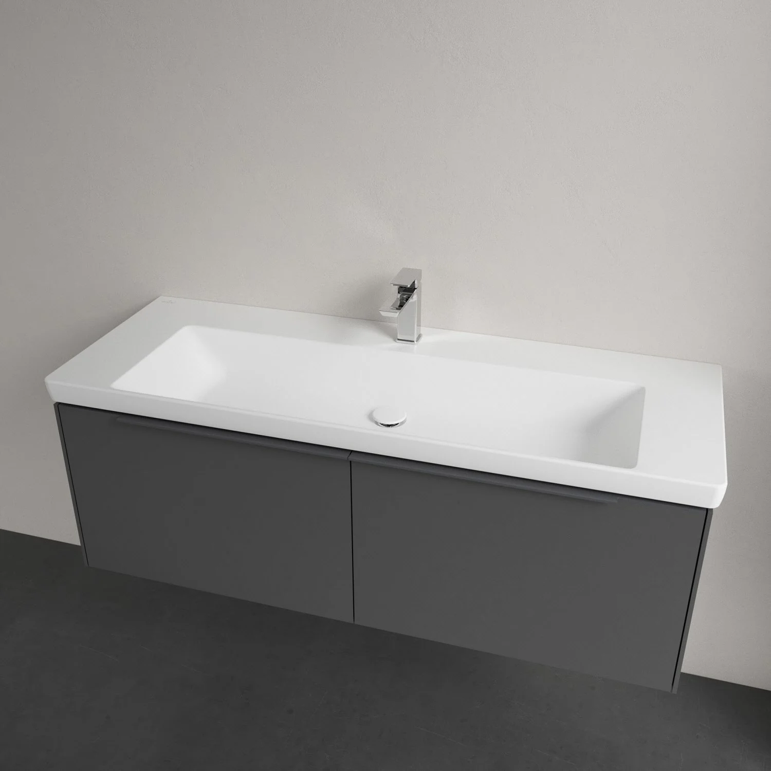 Umywalka z szarą szafką w zbliżeniu, Villeroy & Boch