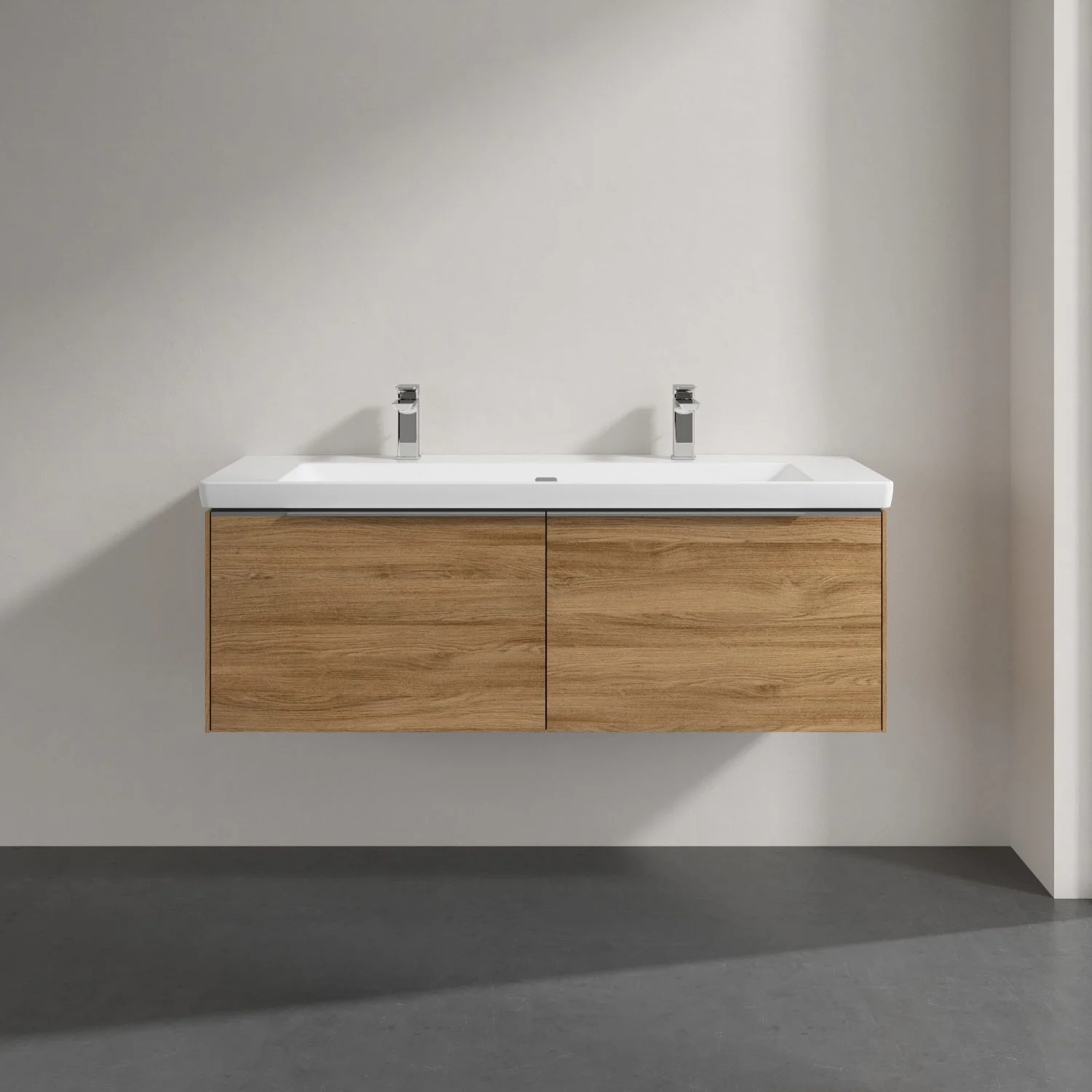 Podwójna umywalka z drewnianą szafką w łazience, Villeroy & Boch