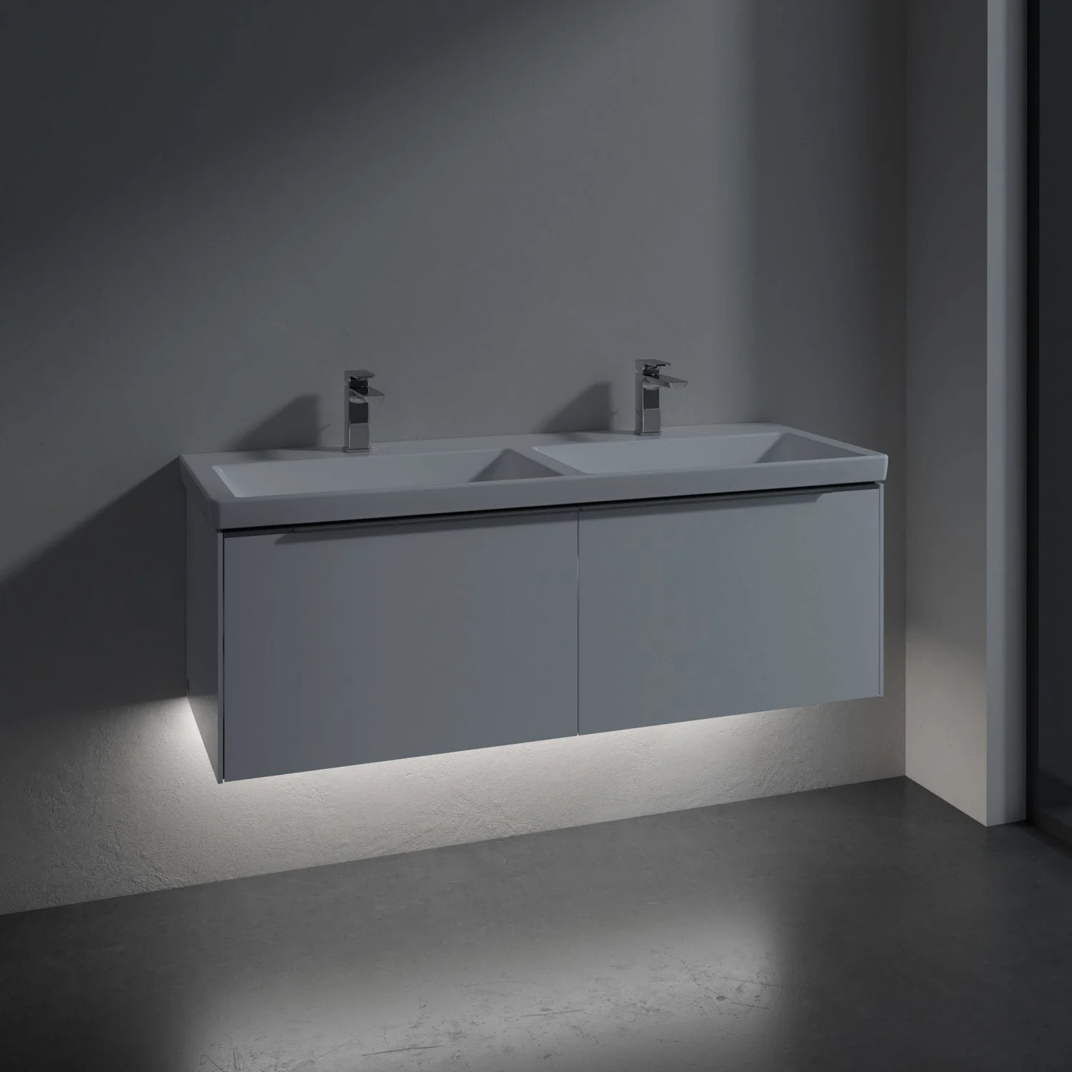 Podwójna umywalka z szafką w ciemnym pomieszczeniu, Villeroy & Boch