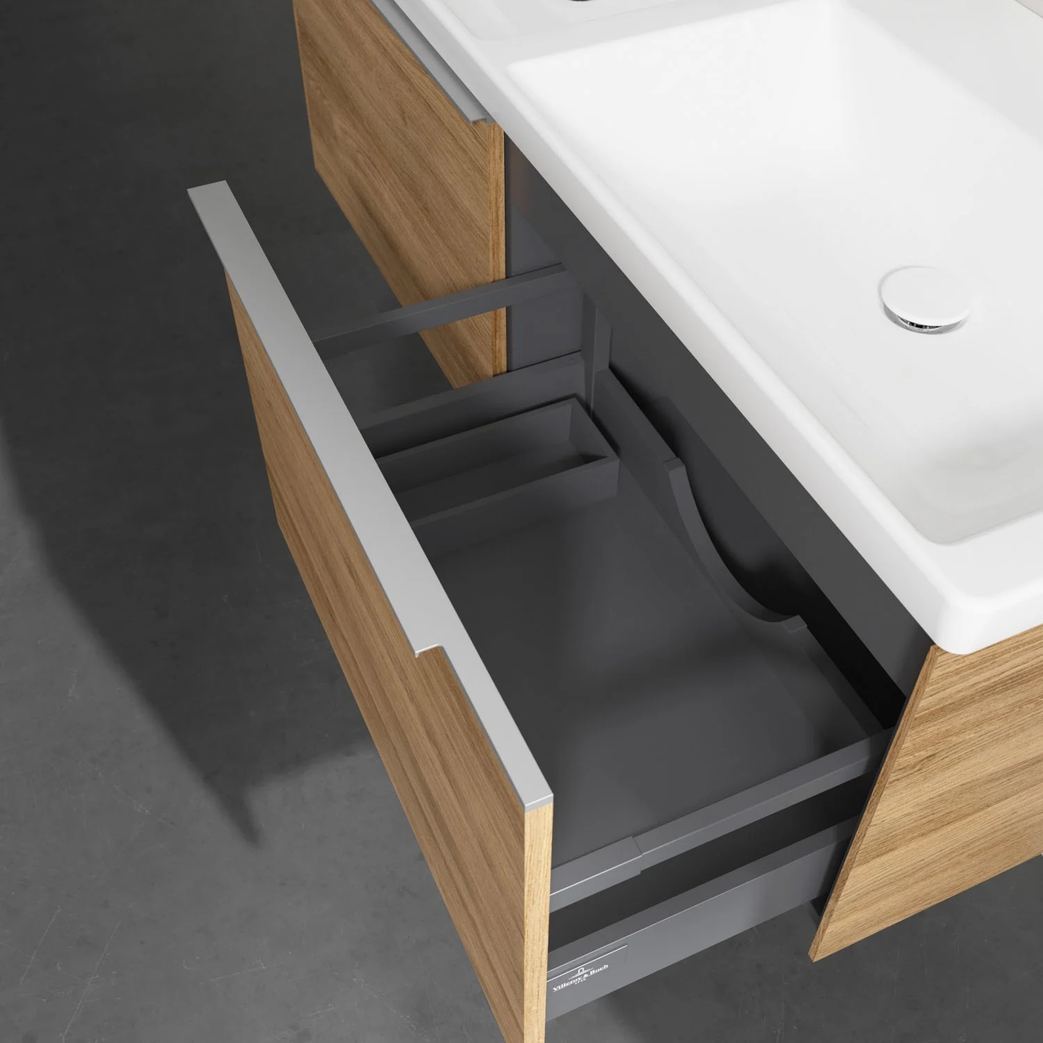 Umywalka z otwartą szufladą w wykończeniu drewnianym, Villeroy & Boch