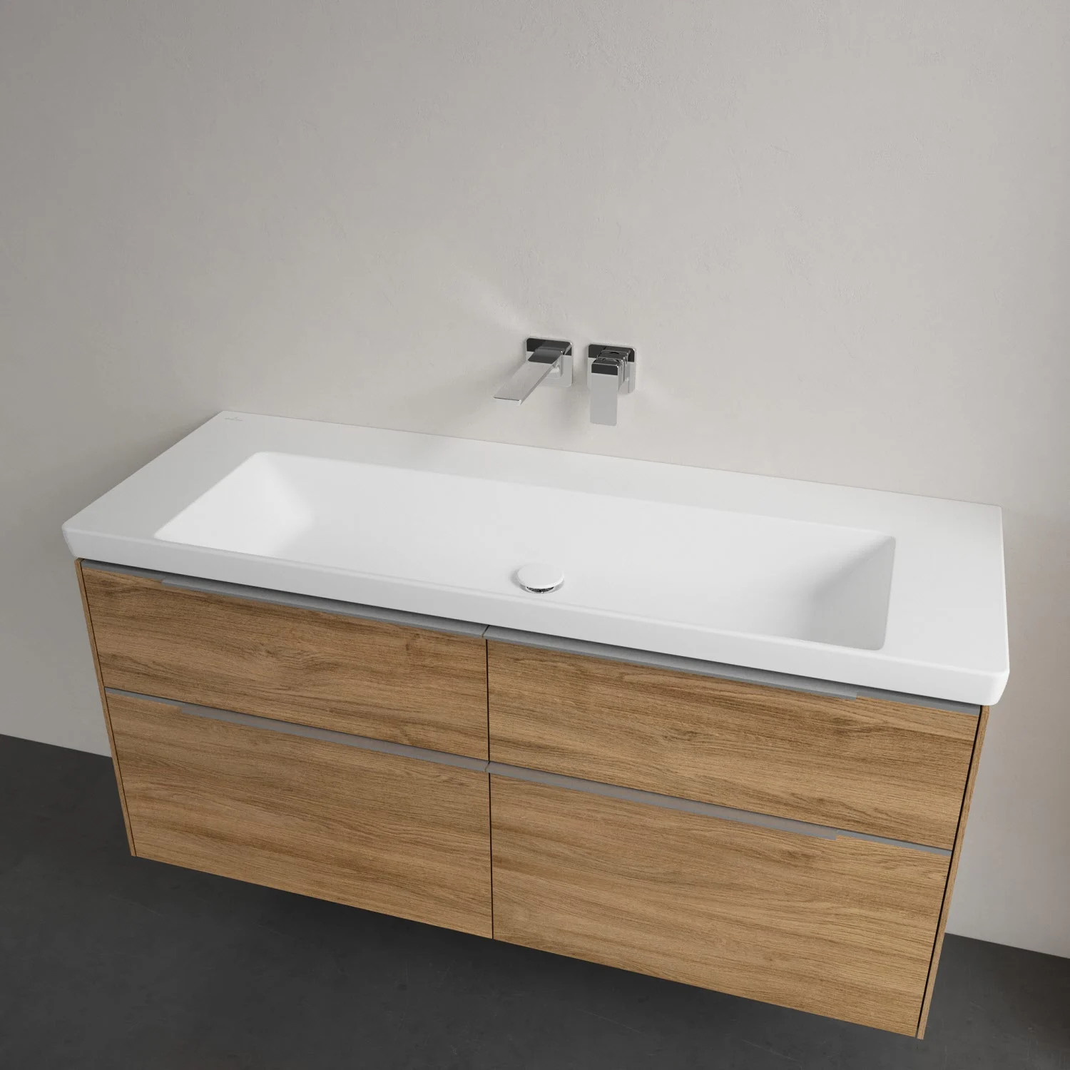 Umywalka z drewnianą szafką z bliska, Villeroy & Boch