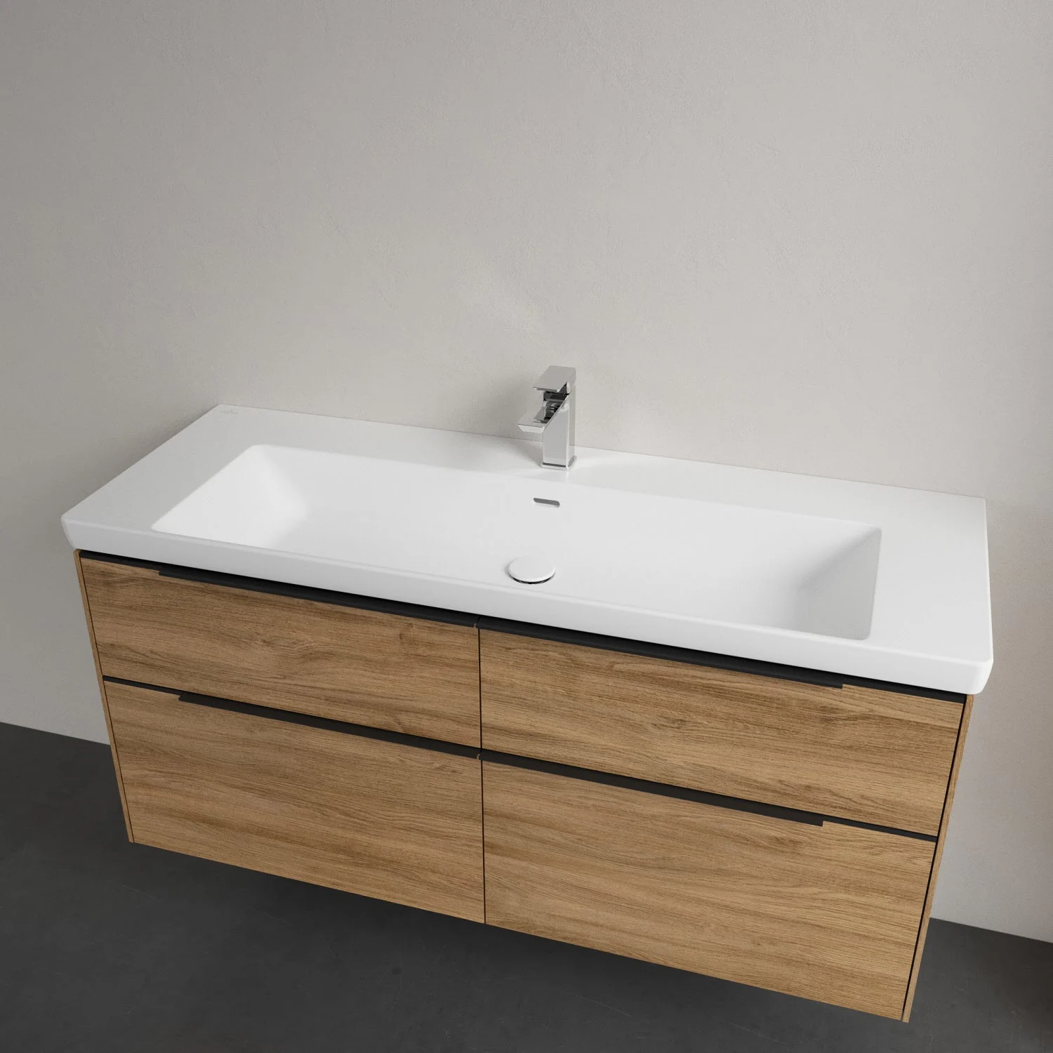 Umywalka z jasną drewnianą szafką zbliżenie, Villeroy & Boch