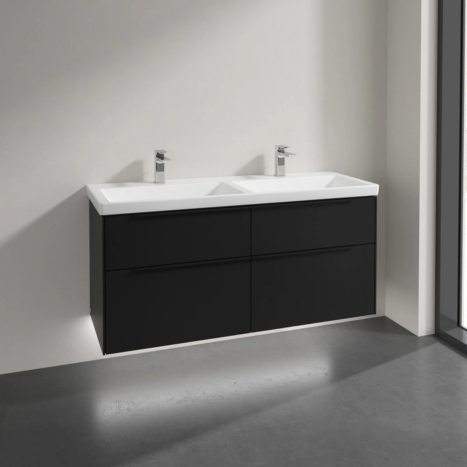 Podwójna umywalka z czarną szafką w łazience, Villeroy & Boch
