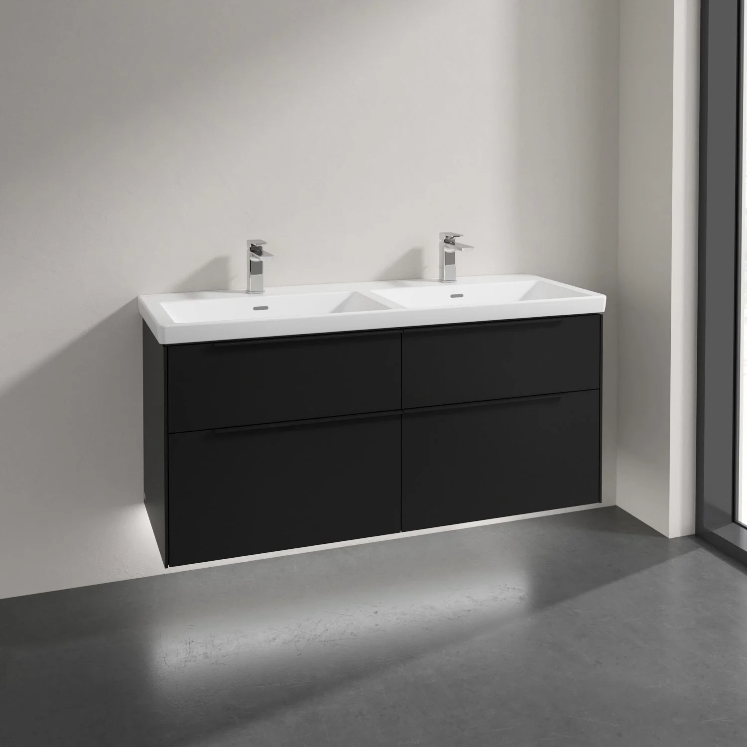 Podwójna umywalka z czarną szafką w łazience, Villeroy & Boch
