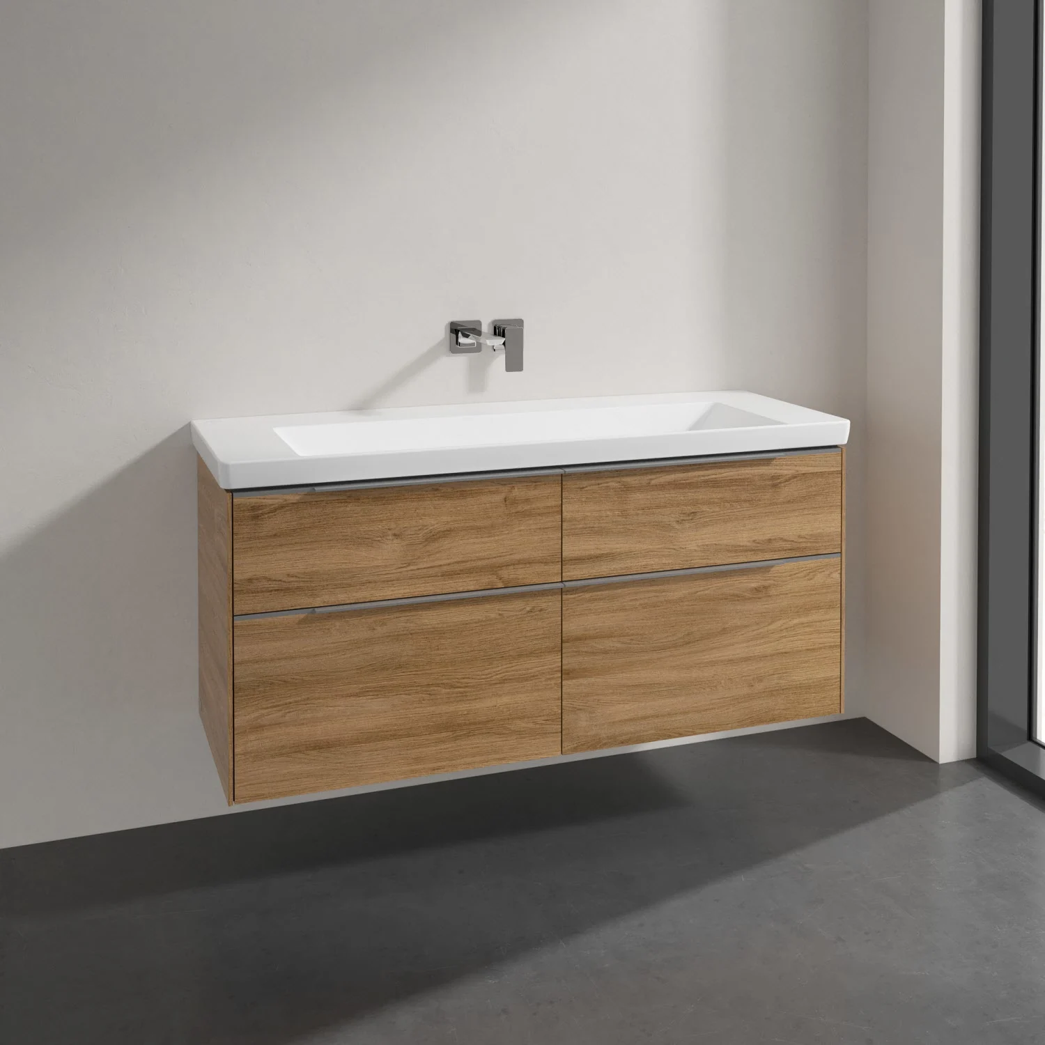 Umywalka z drewnianymi szufladami i baterią ścienną, Villeroy & Boch