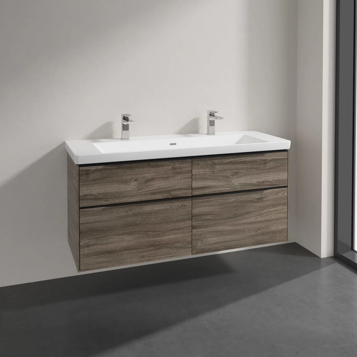 Podwójna umywalka z drewnianą szafką w nowoczesnej łazience, Villeroy & Boch