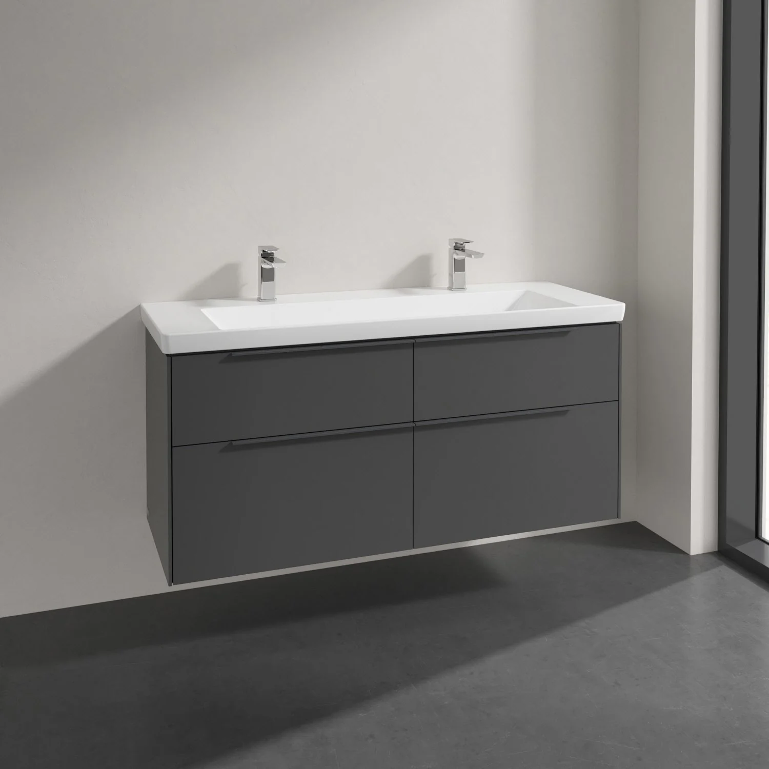 Szary podwójny zlew z szafką w łazience, Villeroy & Boch