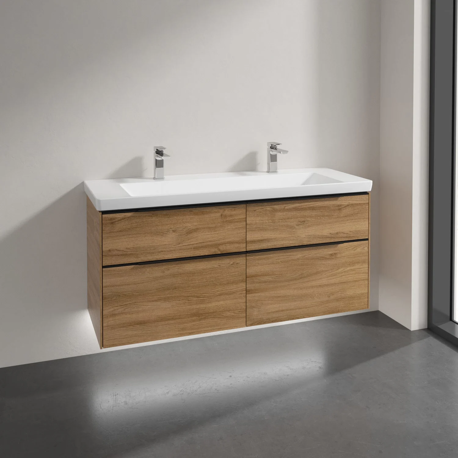 Podwójna umywalka z drewnianą szafką w łazience, Villeroy & Boch