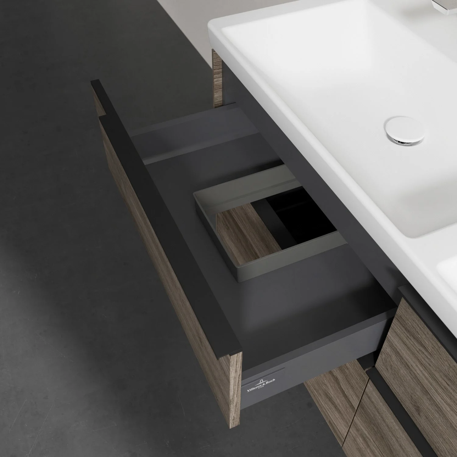 Zbliżenie na umywalkę z otwartą szufladą, Villeroy & Boch