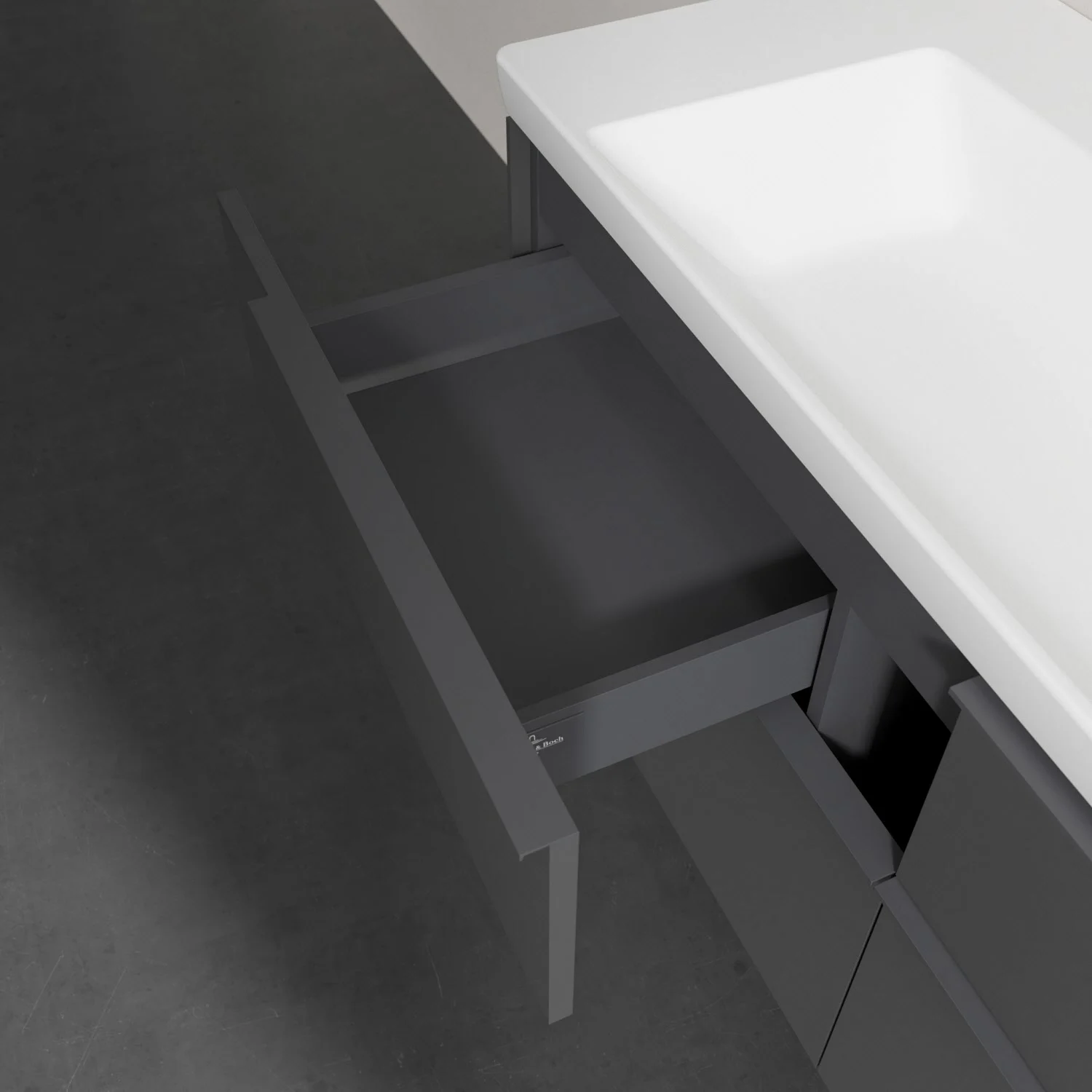 Szara szuflada pod umywalką w zbliżeniu, Villeroy & Boch