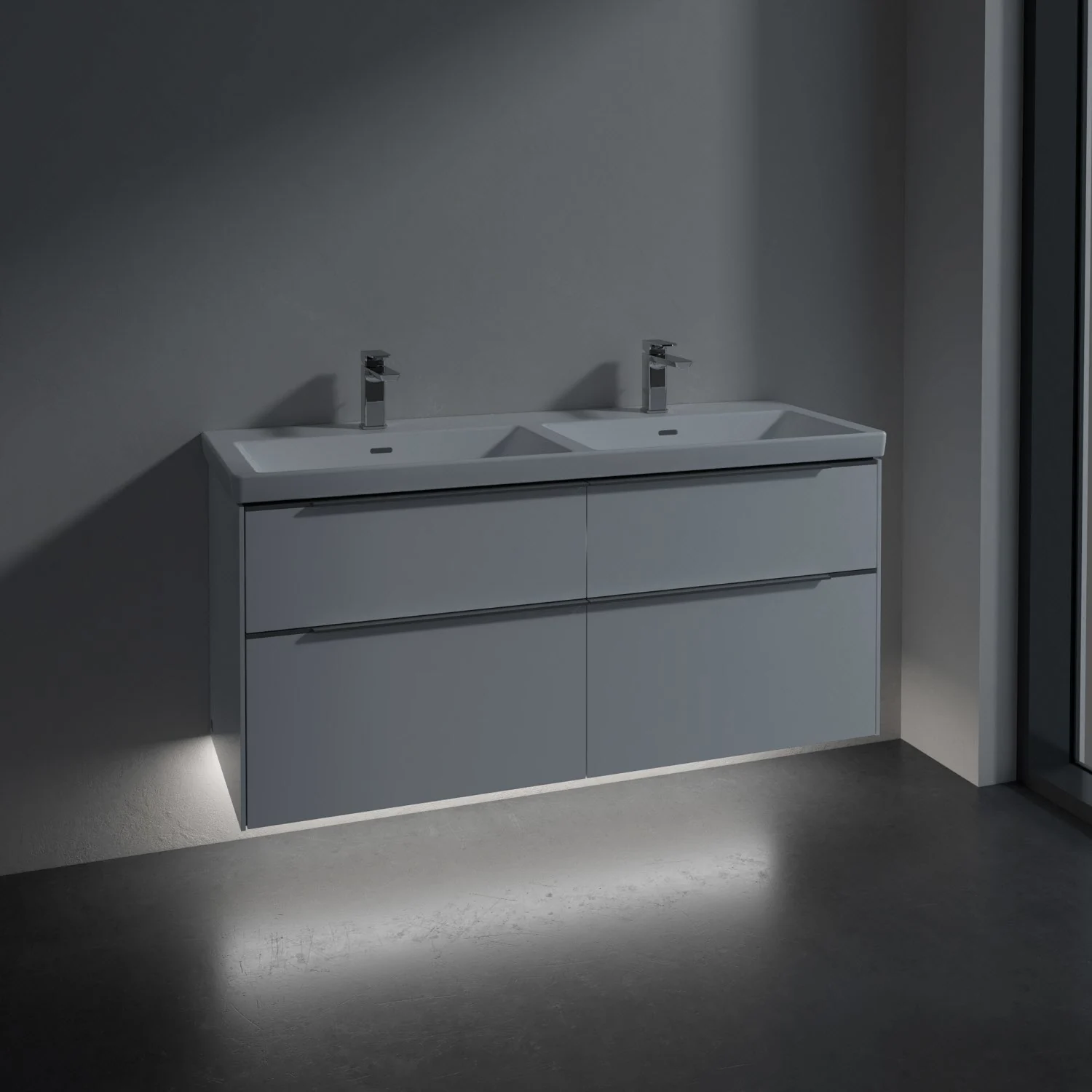 Podwójna umywalka z szarą szafką w łazience, Villeroy & Boch