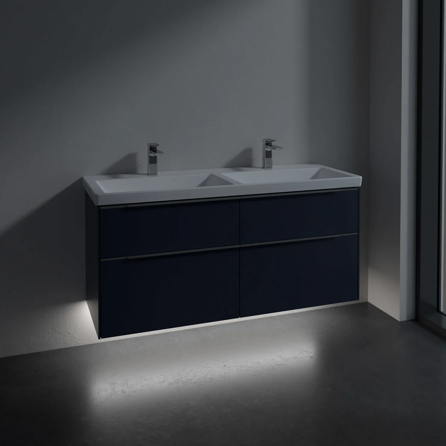 Podwójna umywalka z ciemną szafką w łazience, Villeroy & Boch