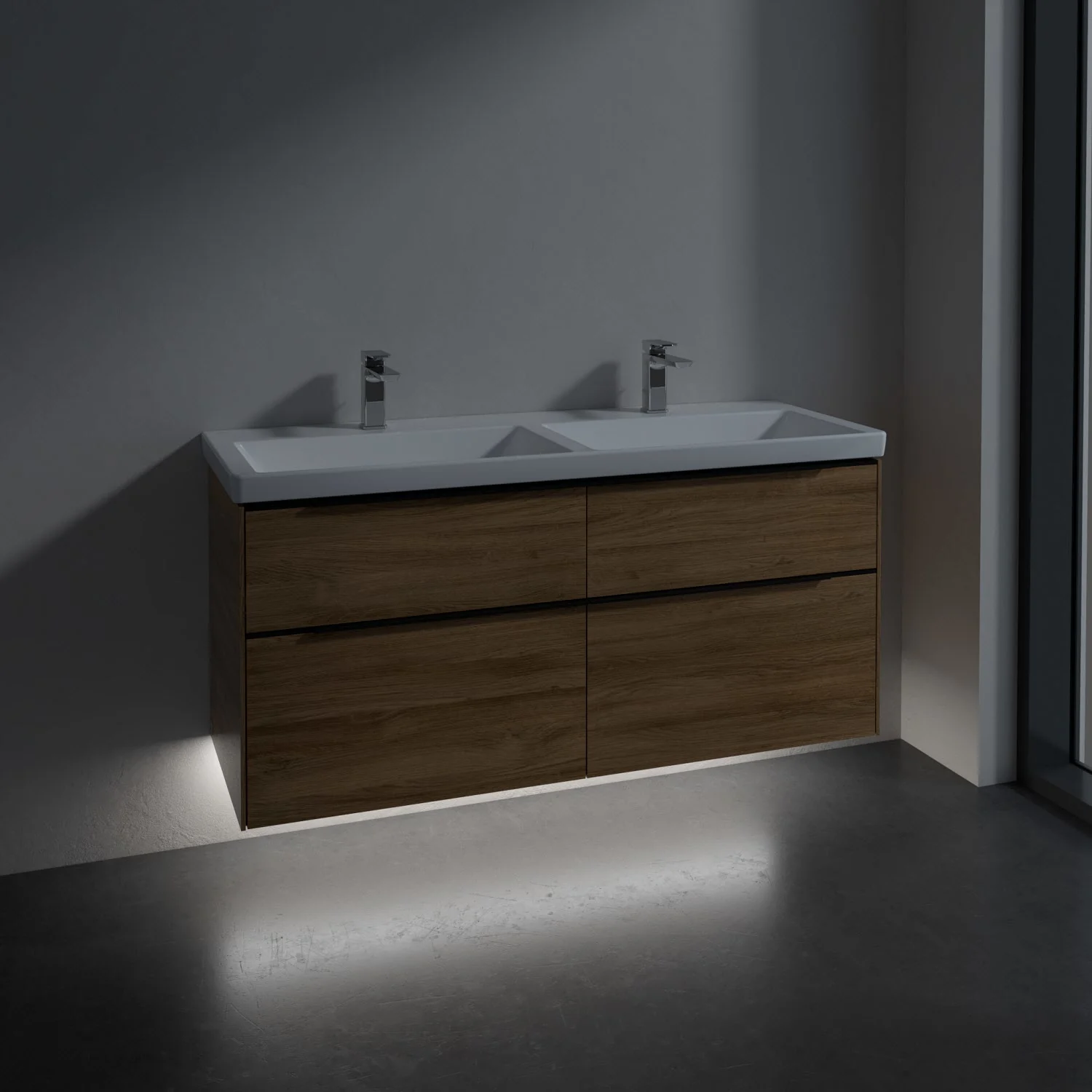 Podwójna umywalka z drewnianą szafką w nowoczesnej łazience, Villeroy & Boch