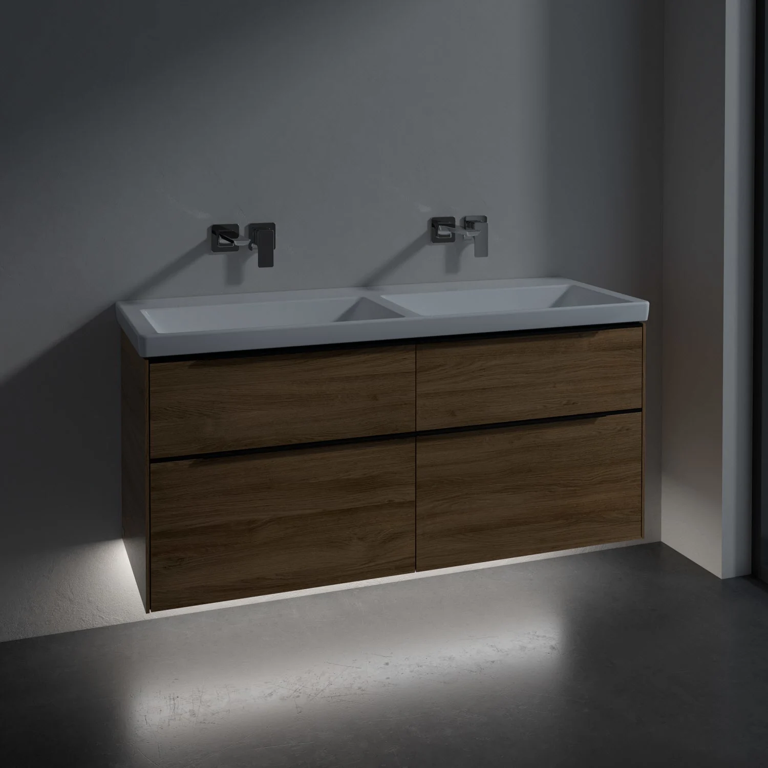Podwójna umywalka z drewnianą szafką w nowoczesnej łazience, Villeroy & Boch