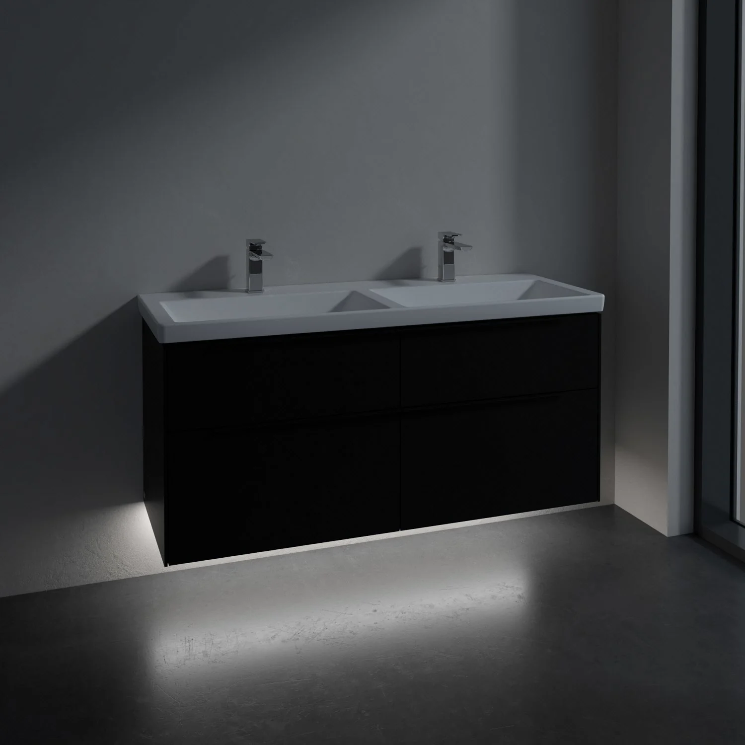 Podwójna umywalka z ciemną szafką w łazience, Villeroy & Boch