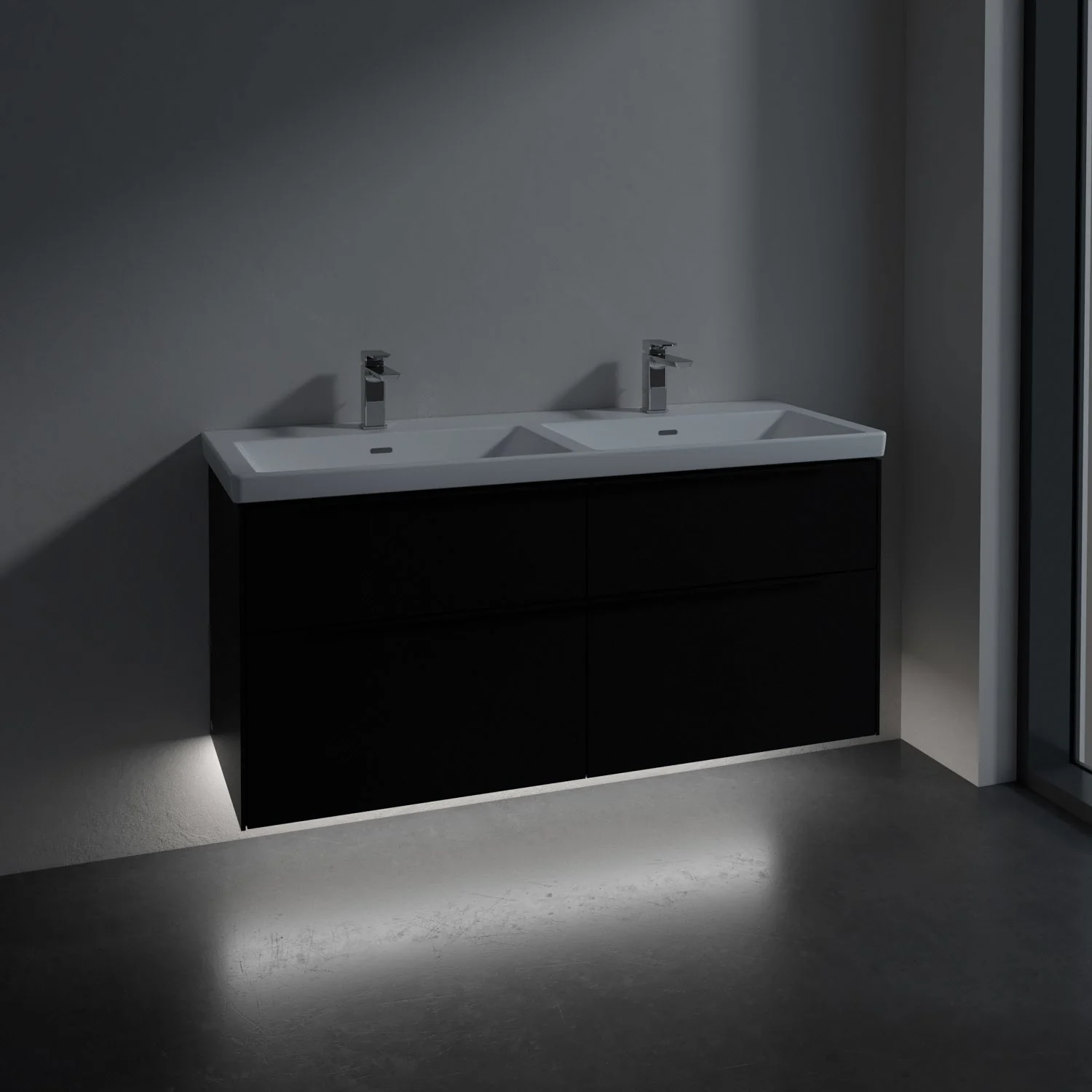 Podwójna umywalka z ciemną szafką w łazience, Villeroy & Boch