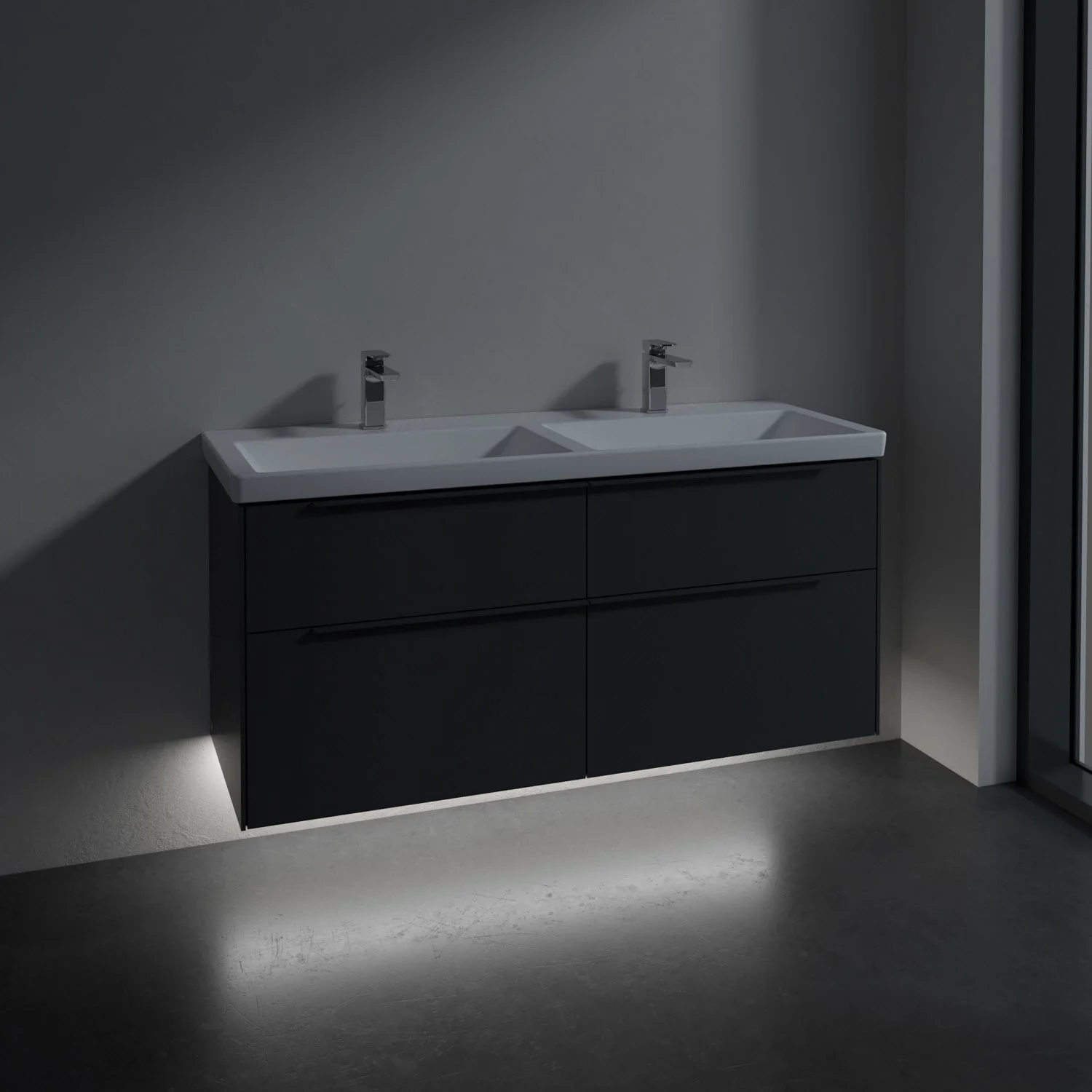 Podwójna umywalka z ciemną szafką w łazience, Villeroy & Boch