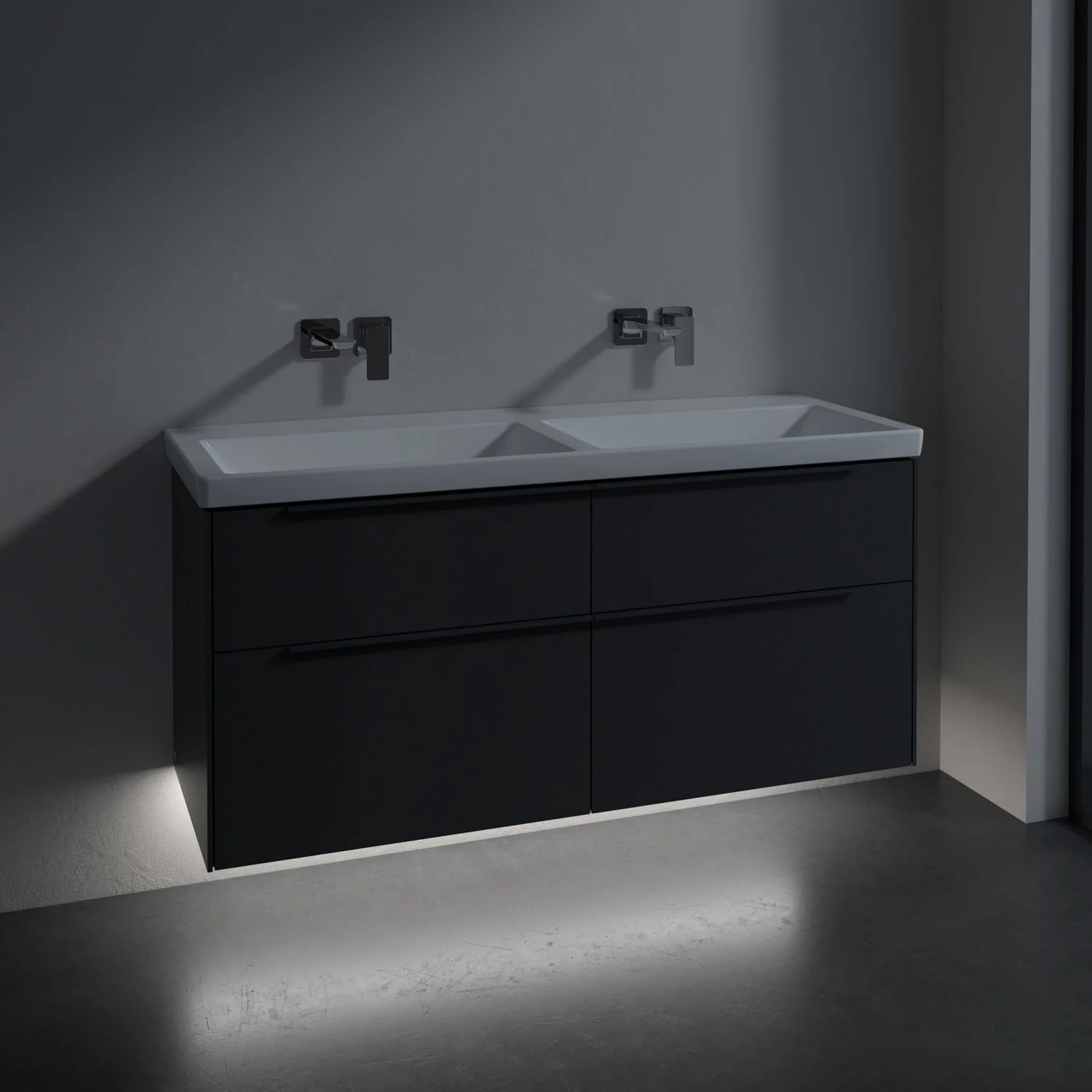 Podwójna umywalka z ciemną szafką w łazience, Villeroy & Boch