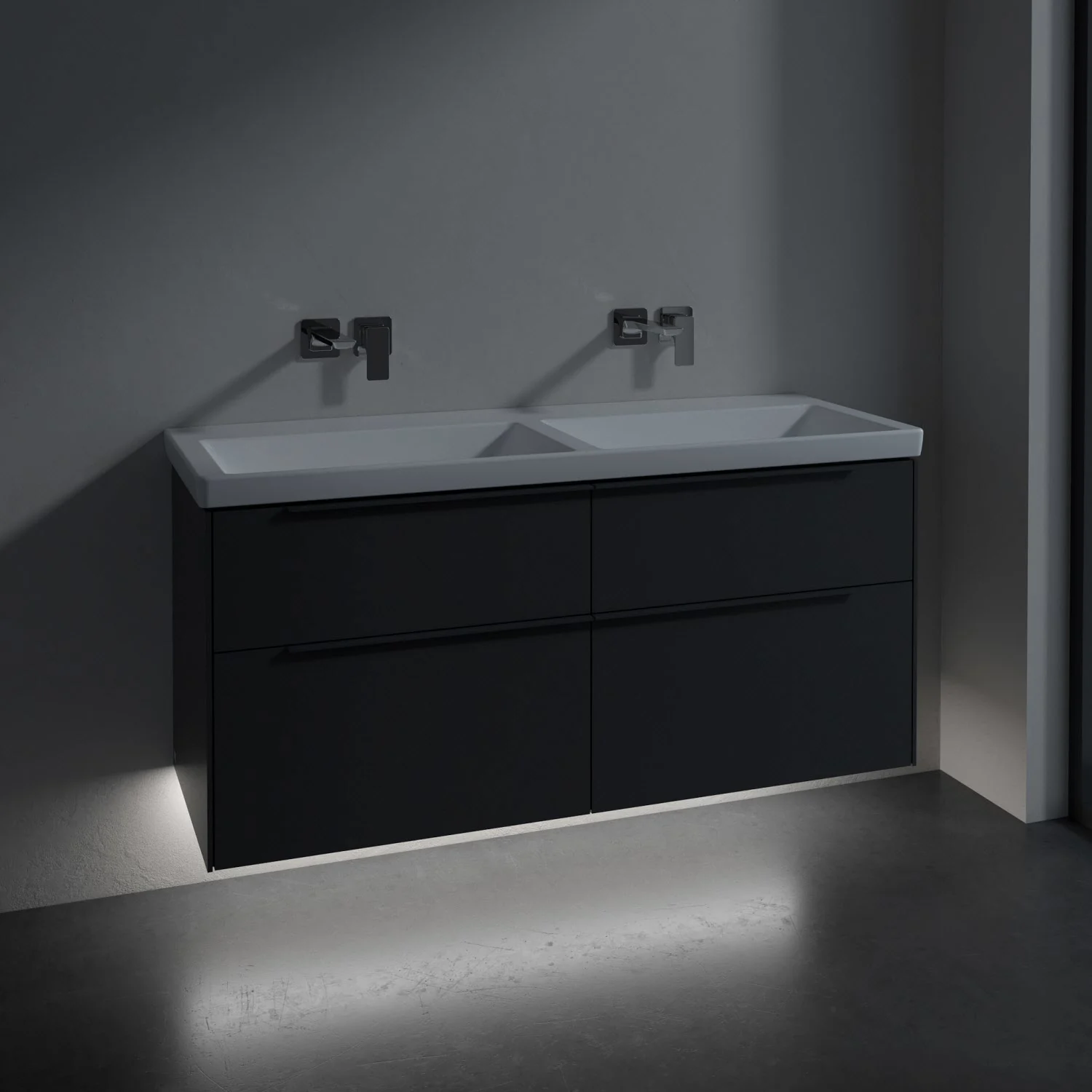 Podwójna umywalka z ciemną szafką w łazience, Villeroy & Boch
