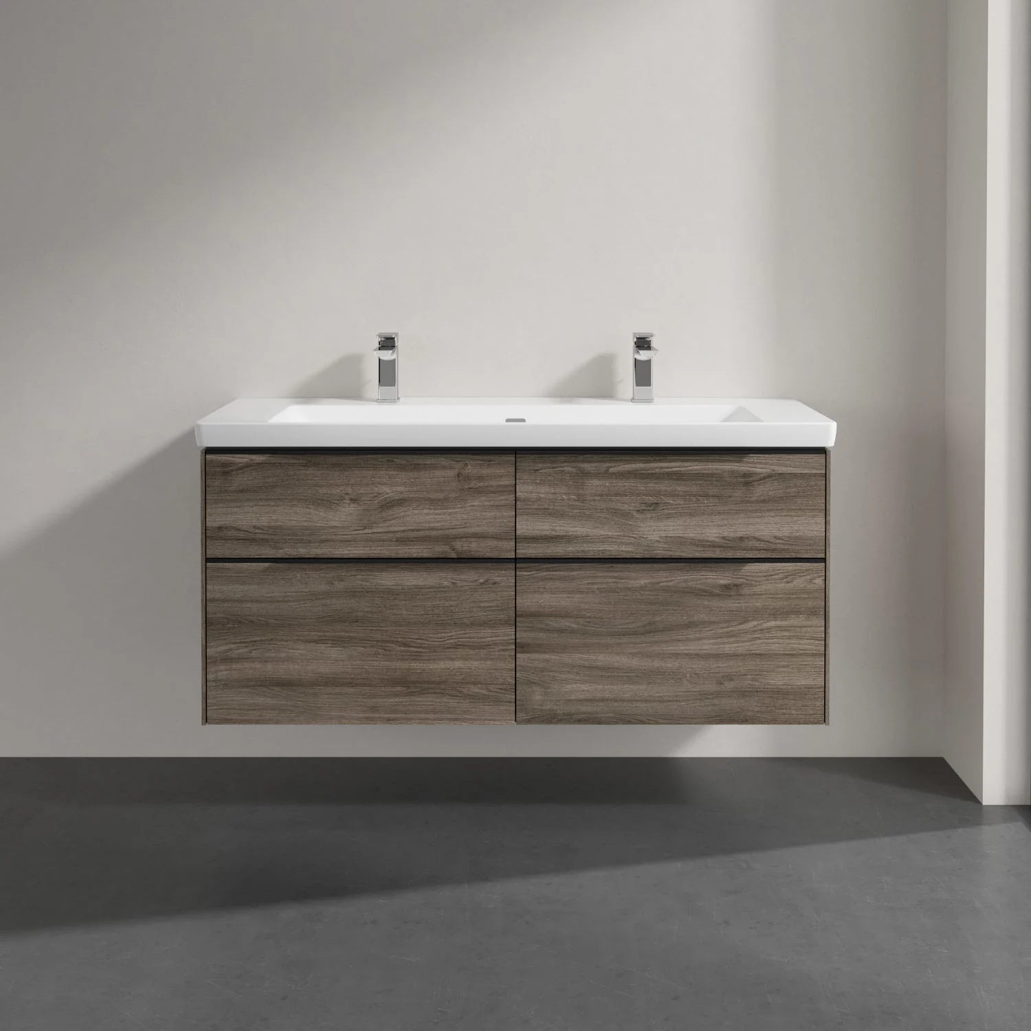 Podwójna umywalka z drewnianą szafką zbliżenie, Villeroy & Boch