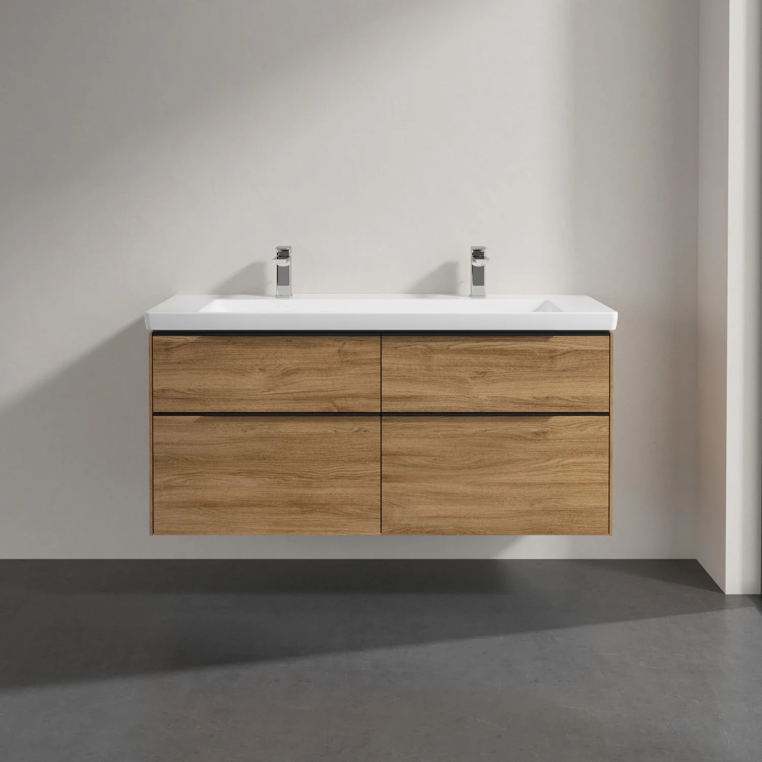 Umywalka z drewnianymi szufladami zbliżenie, Villeroy & Boch