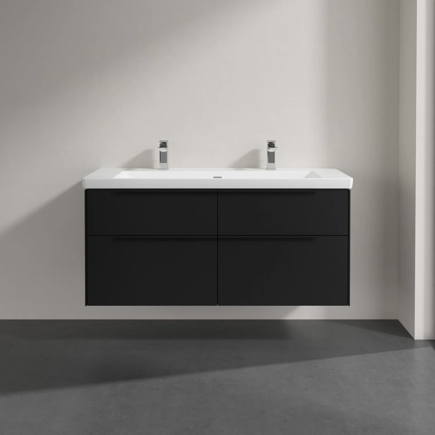 Czarny podwójny zlew z szufladami w łazience, Villeroy & Boch
