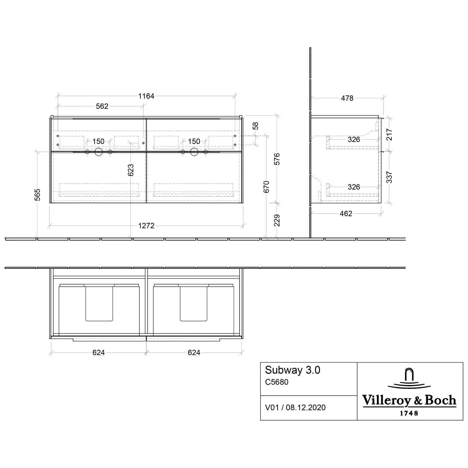 Villeroy & Boch Subway 3.0 Badmöbel-Set 130 cm, 4 Auszüge, Doppelwaschtisch Bild 3