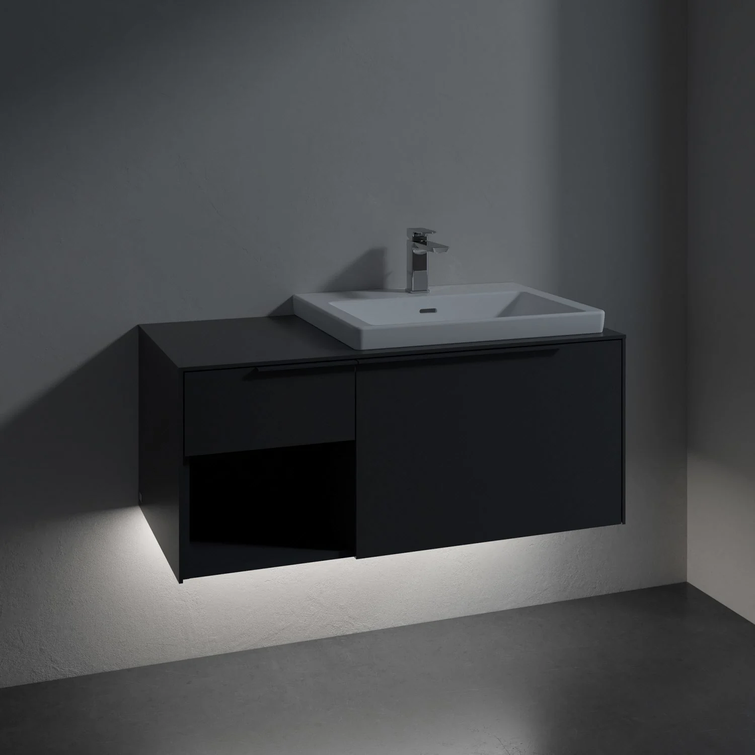 Umywalka z ciemną szafką w ciemnym pomieszczeniu, Villeroy & Boch