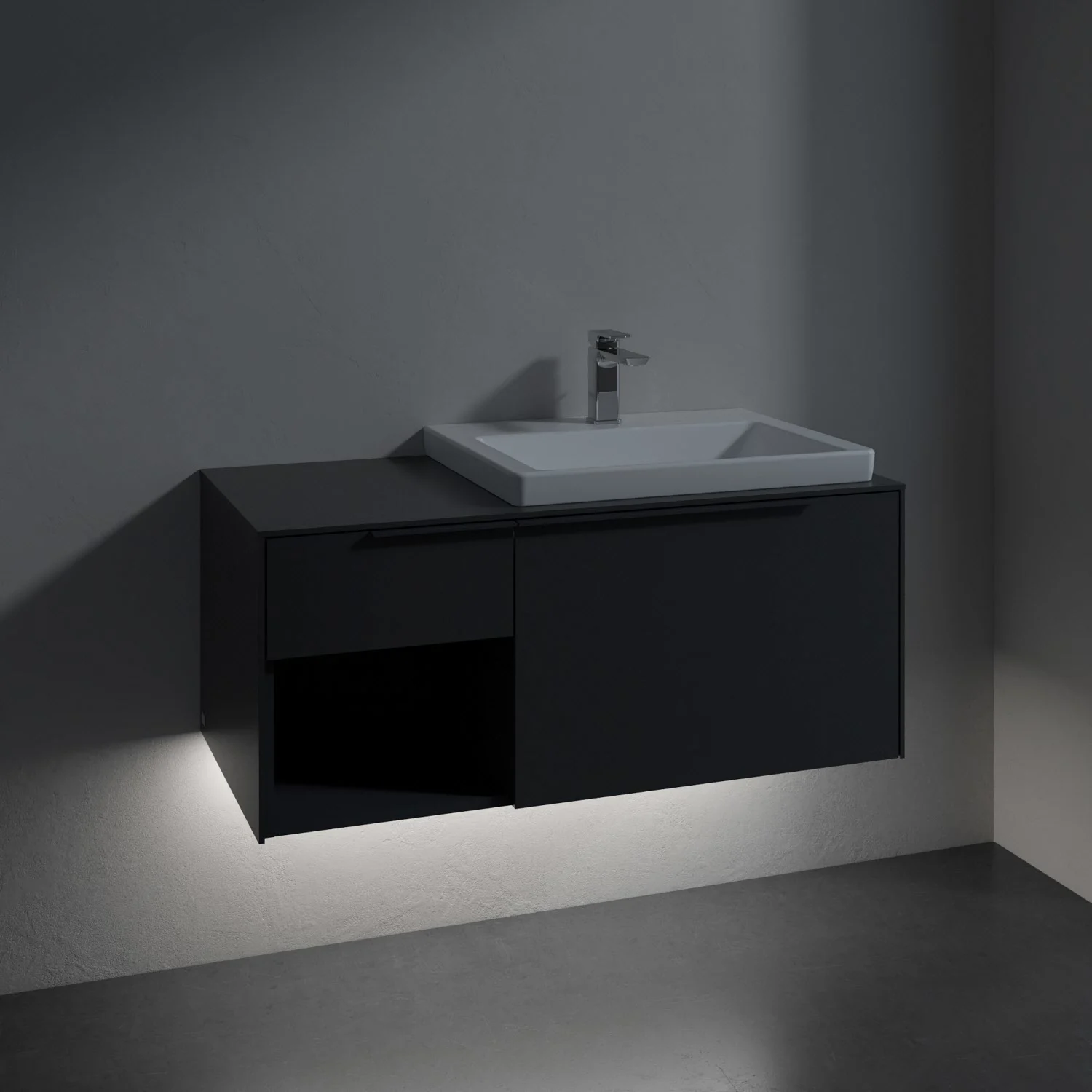 Umywalka z ciemną szafką w ciemnym pomieszczeniu, Villeroy & Boch