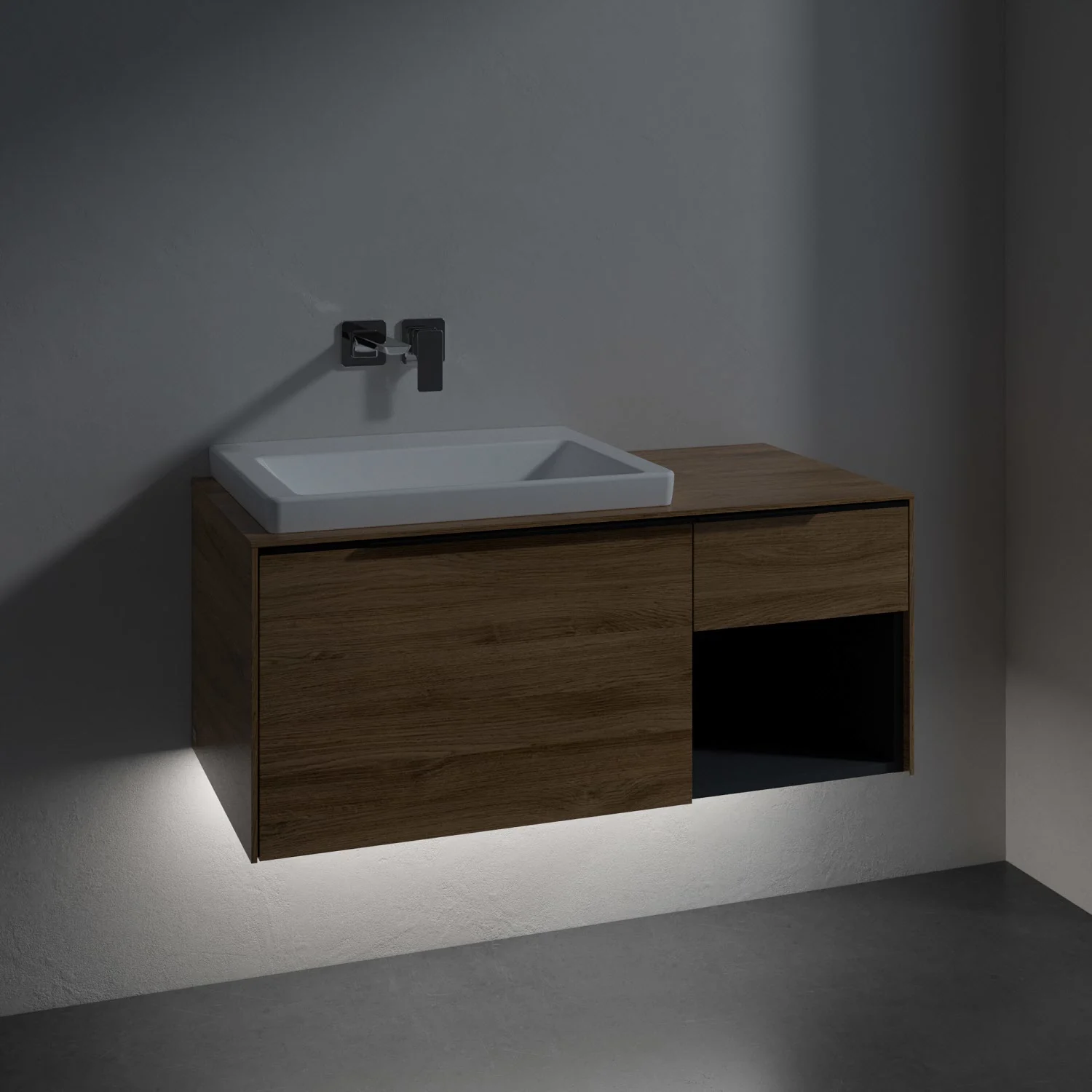 Drewniana umywalka z szafką w łazience, Villeroy & Boch