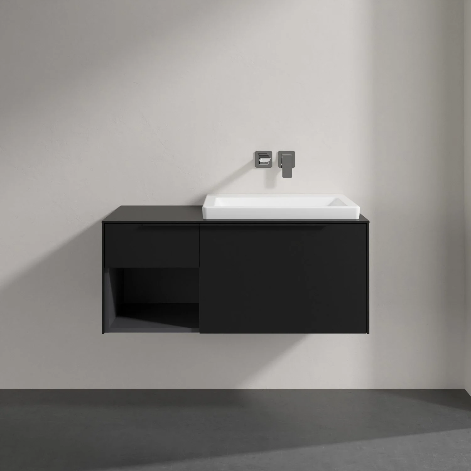 Czarna umywalka z szafką w zbliżeniu, Villeroy & Boch