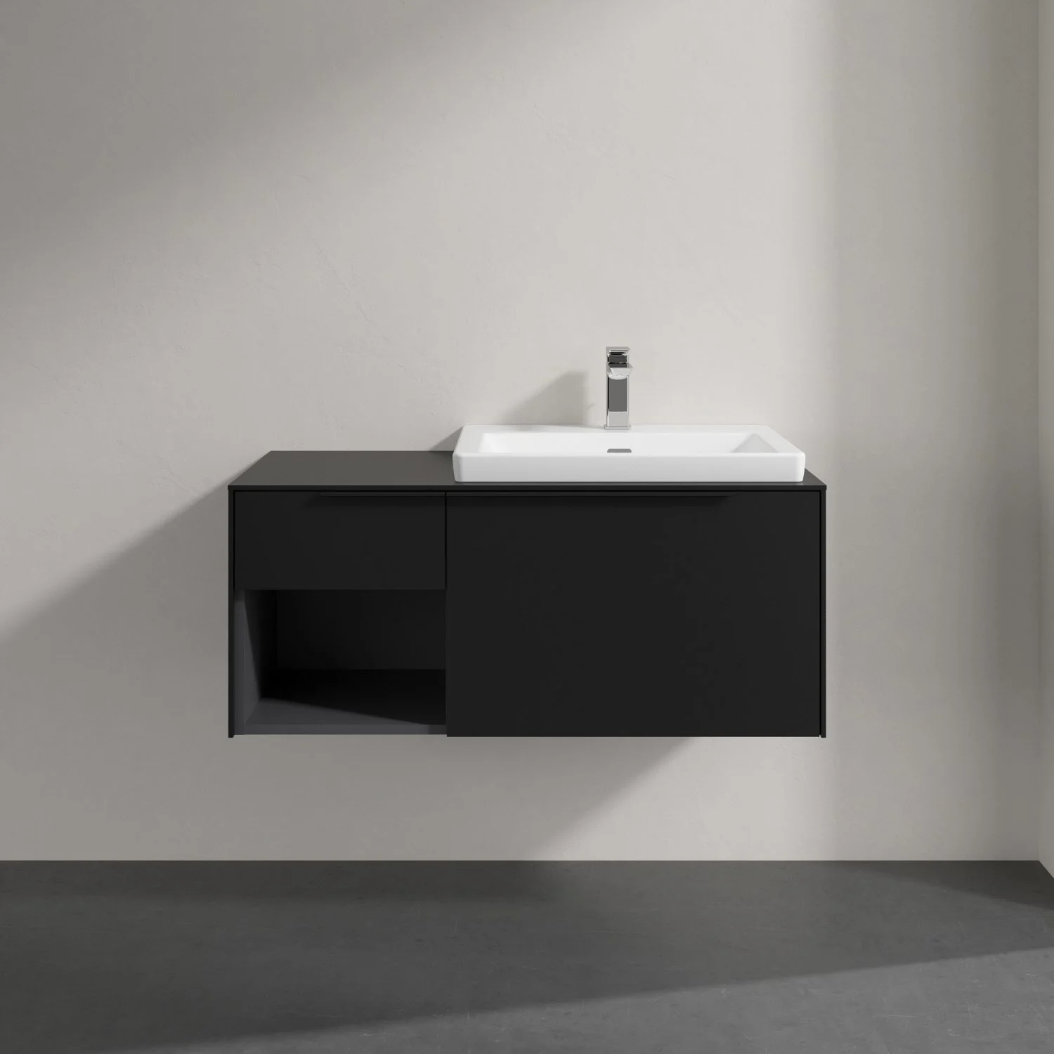 Czarna umywalka z szafką w zbliżeniu, Villeroy & Boch