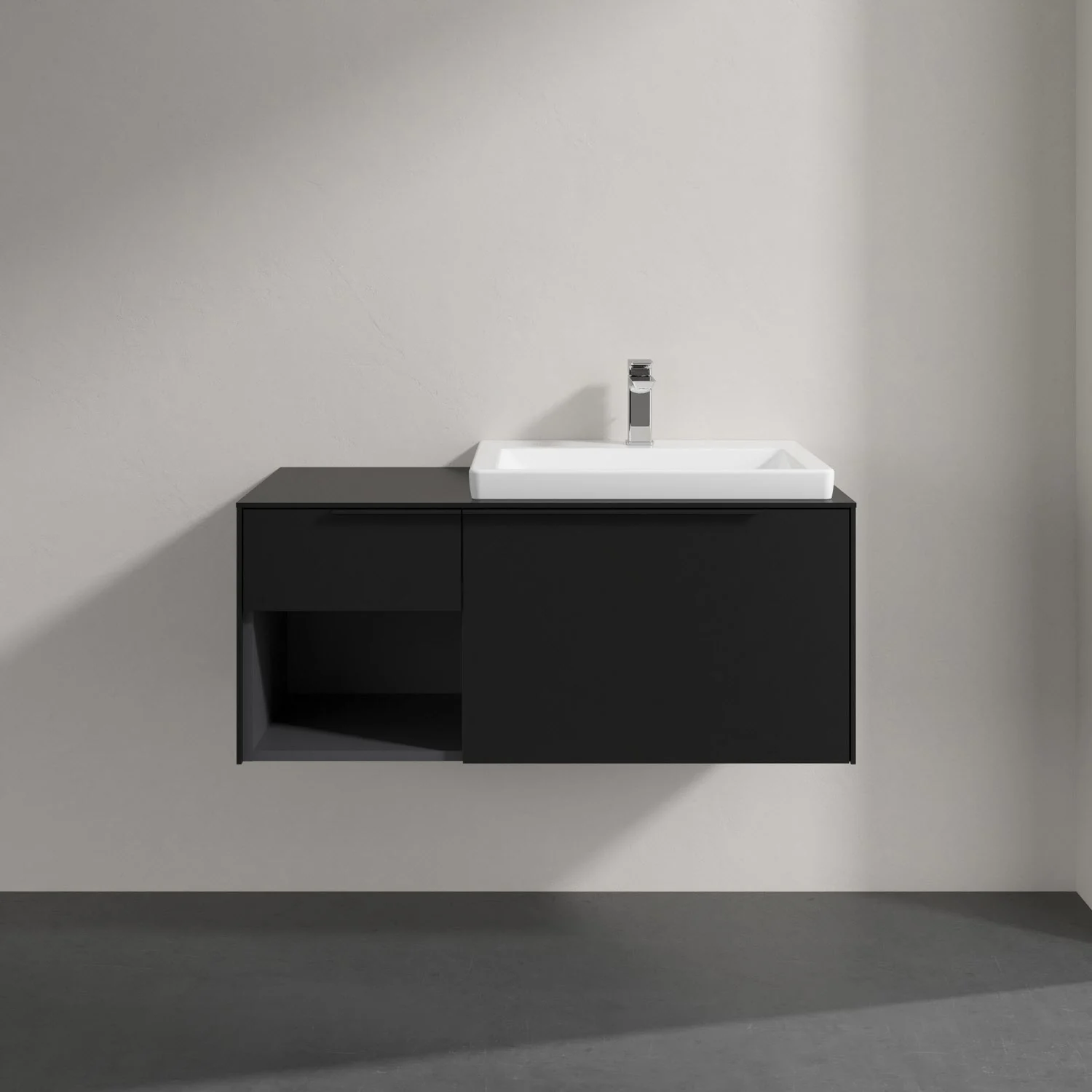 Czarna umywalka z szafką w zbliżeniu, Villeroy & Boch