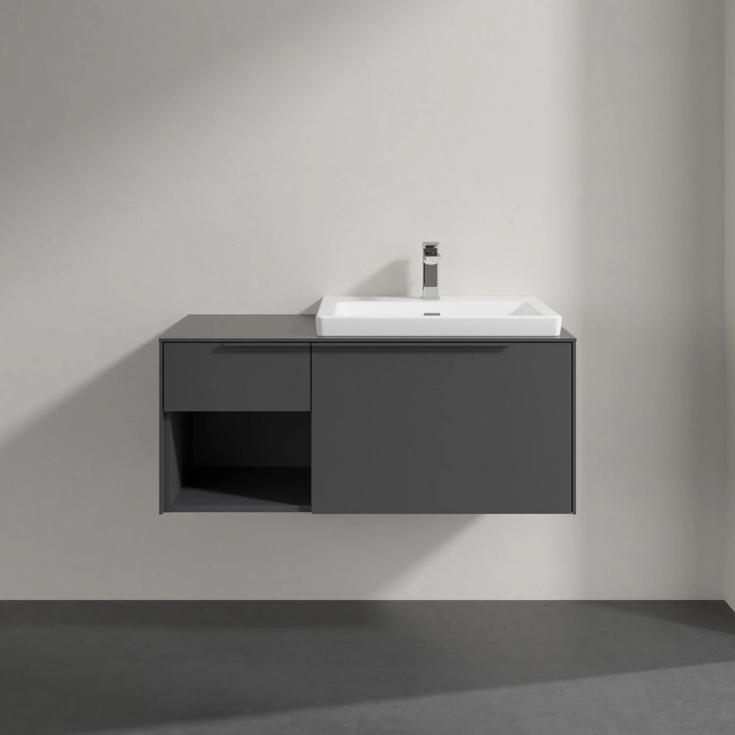 Ciemna umywalka z szafką w zbliżeniu, Villeroy & Boch