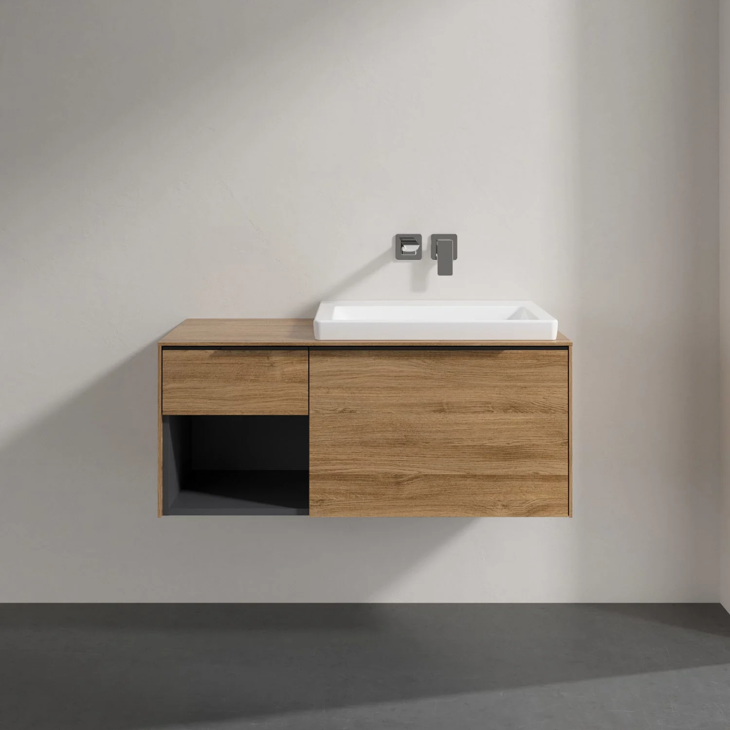 Zlew w drewnianym wyglądzie z baterią na ścianie, Villeroy & Boch