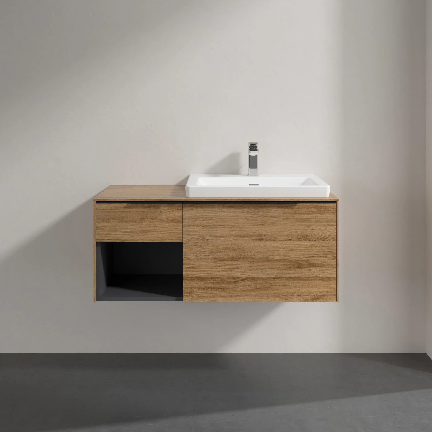Zlew w drewnianym wyglądzie z baterią na ścianie, Villeroy & Boch