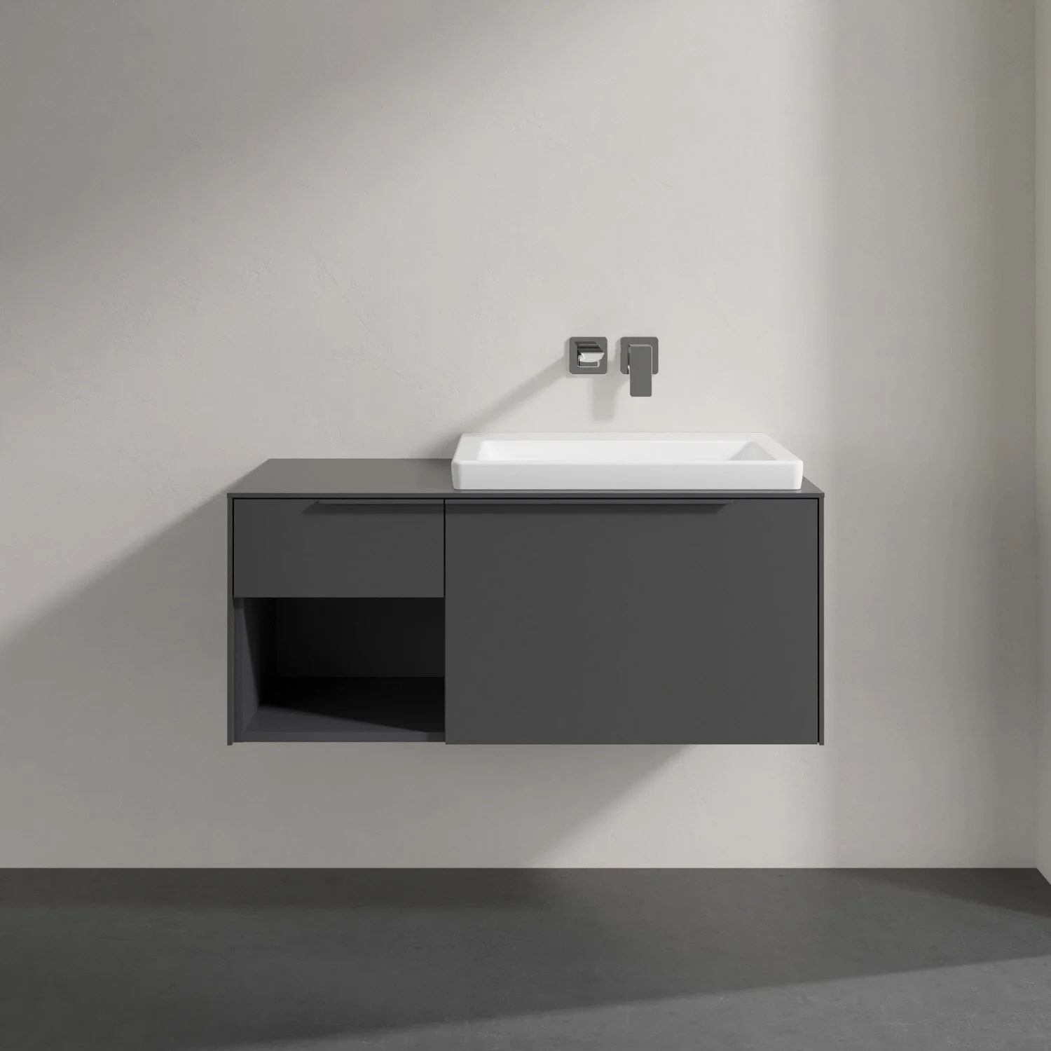 Umywalka z szarą szafką w łazience, Villeroy & Boch