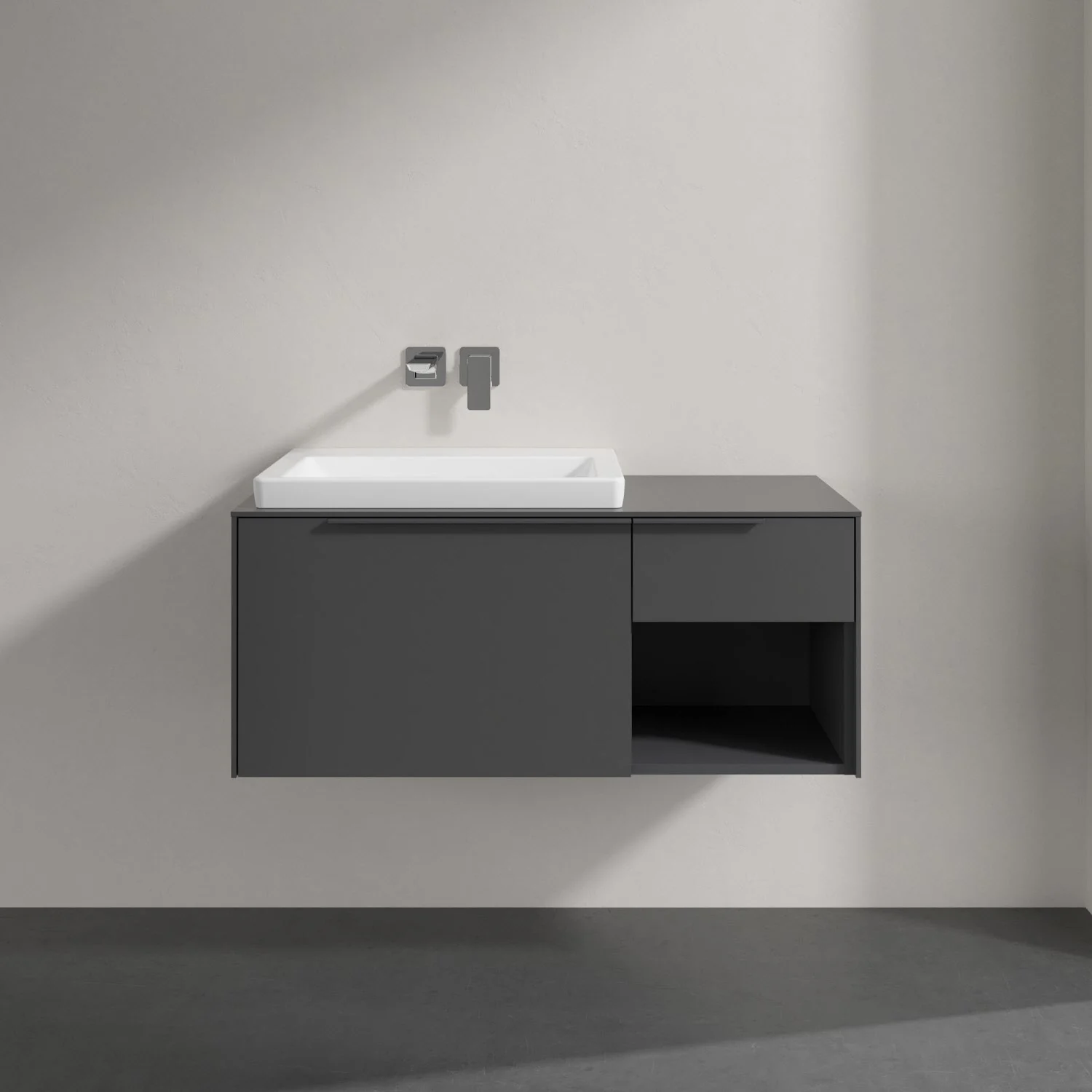 Szara umywalka z szafką zbliżenie, Villeroy & Boch