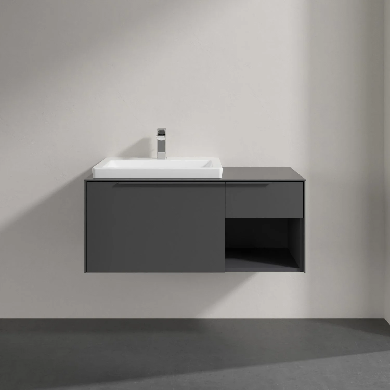 Szara umywalka z szafką w zbliżeniu, Villeroy & Boch