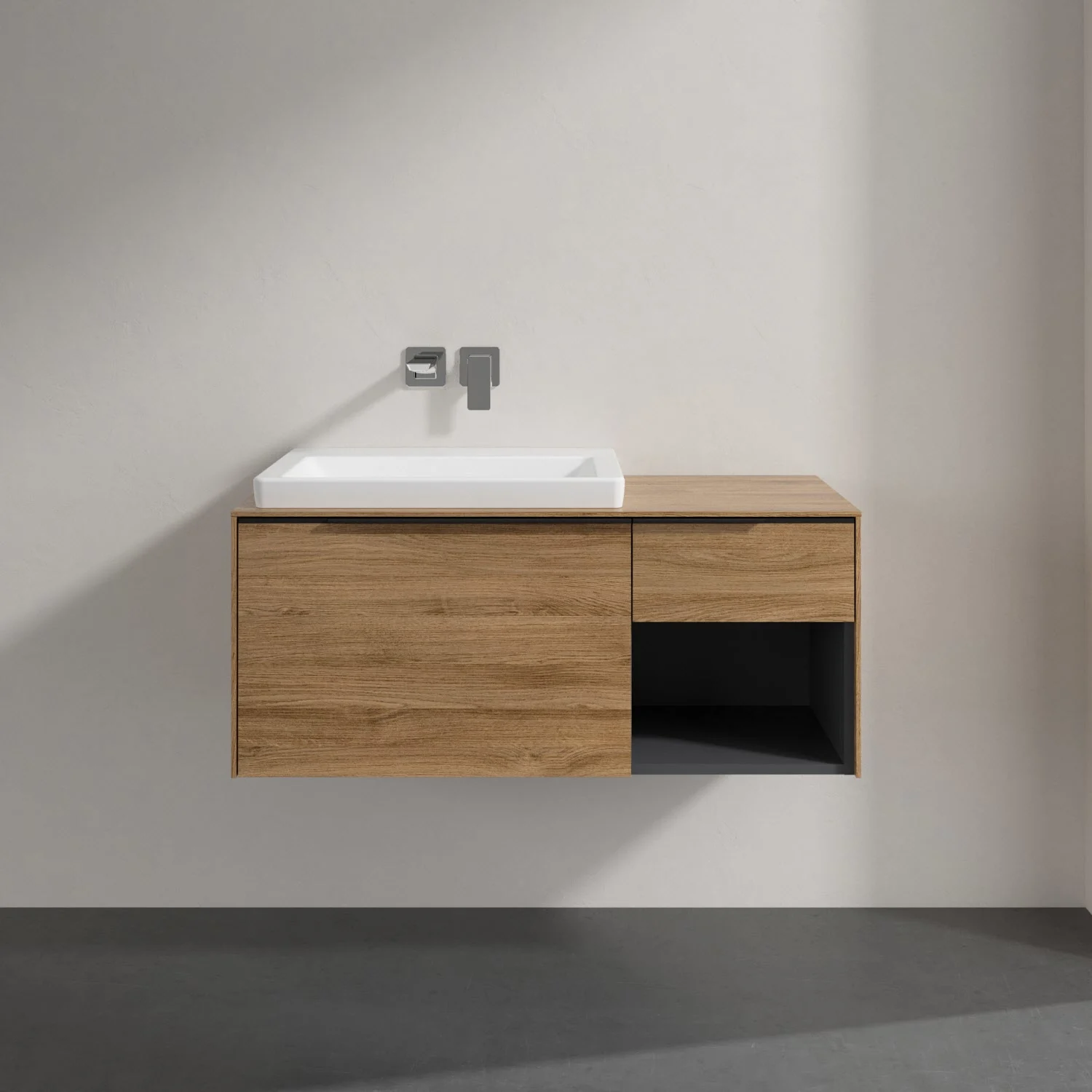 Umywalka w drewnianym wyglądzie z szafką zbliżenie, Villeroy & Boch