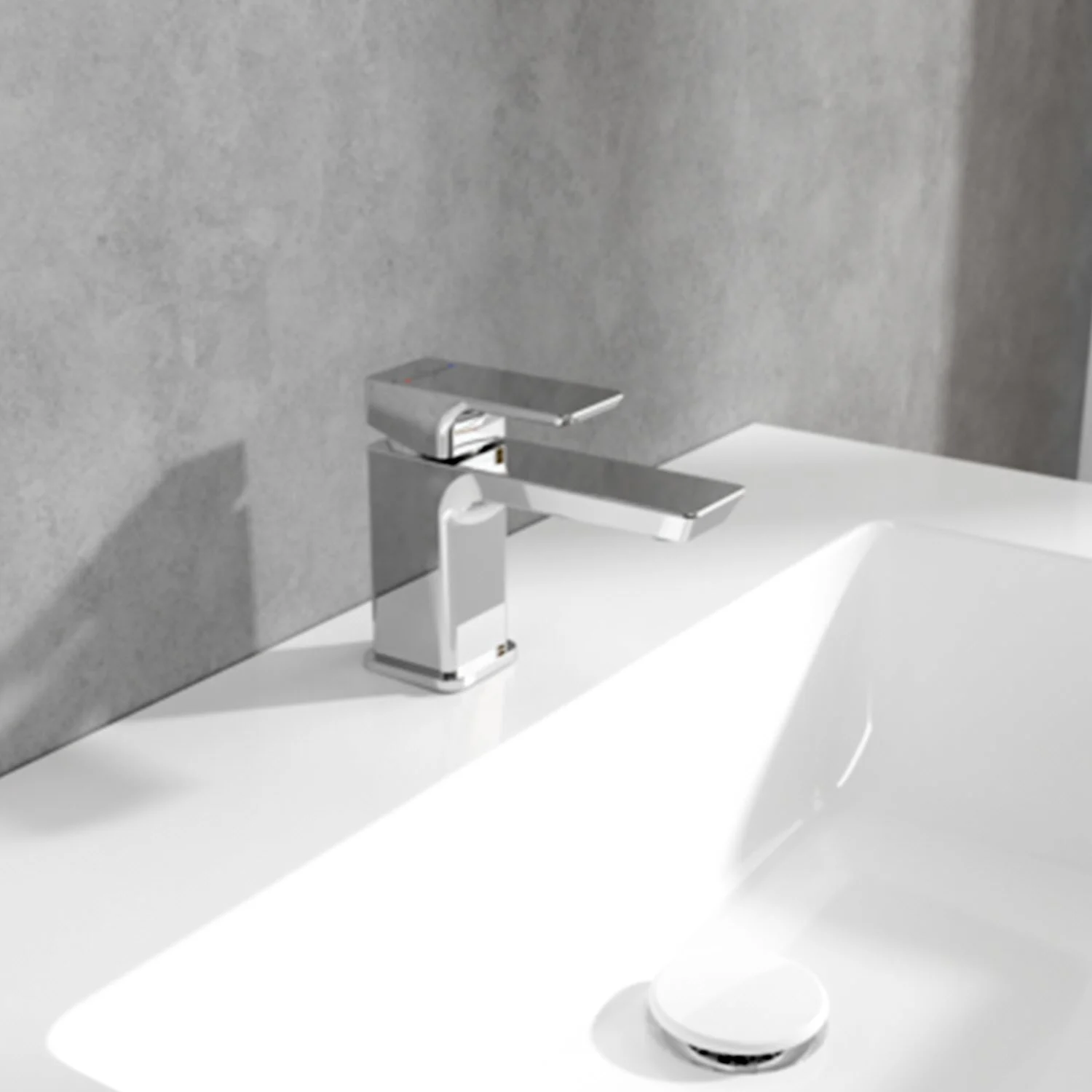 Chromowana bateria na białej umywalce, Villeroy & Boch