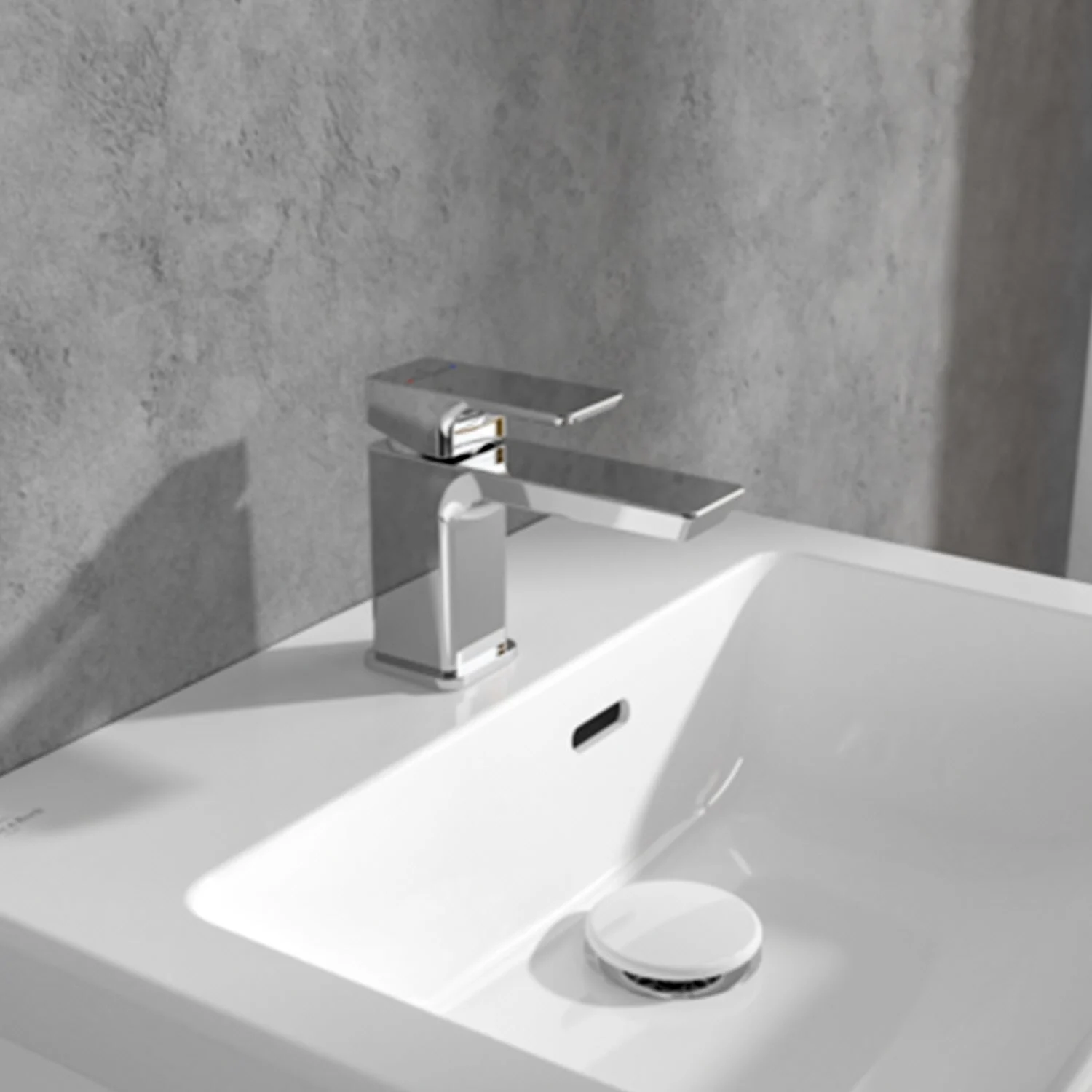 Srebrny kran na białej umywalce w łazience, Villeroy & Boch