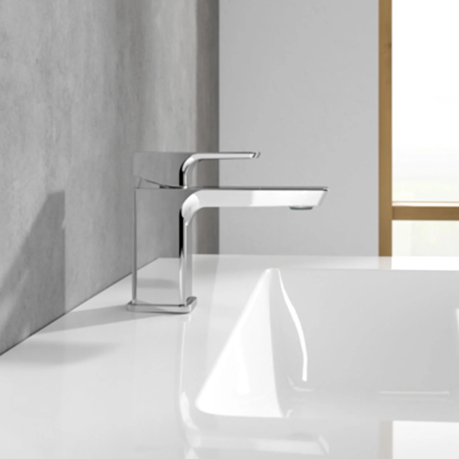 Chromowana bateria na białej umywalce, Villeroy & Boch