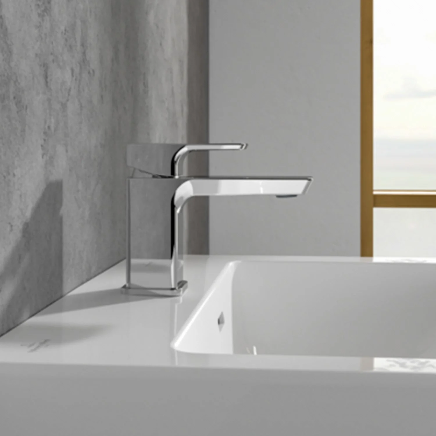 Chromowana bateria obok umywalki, Villeroy & Boch
