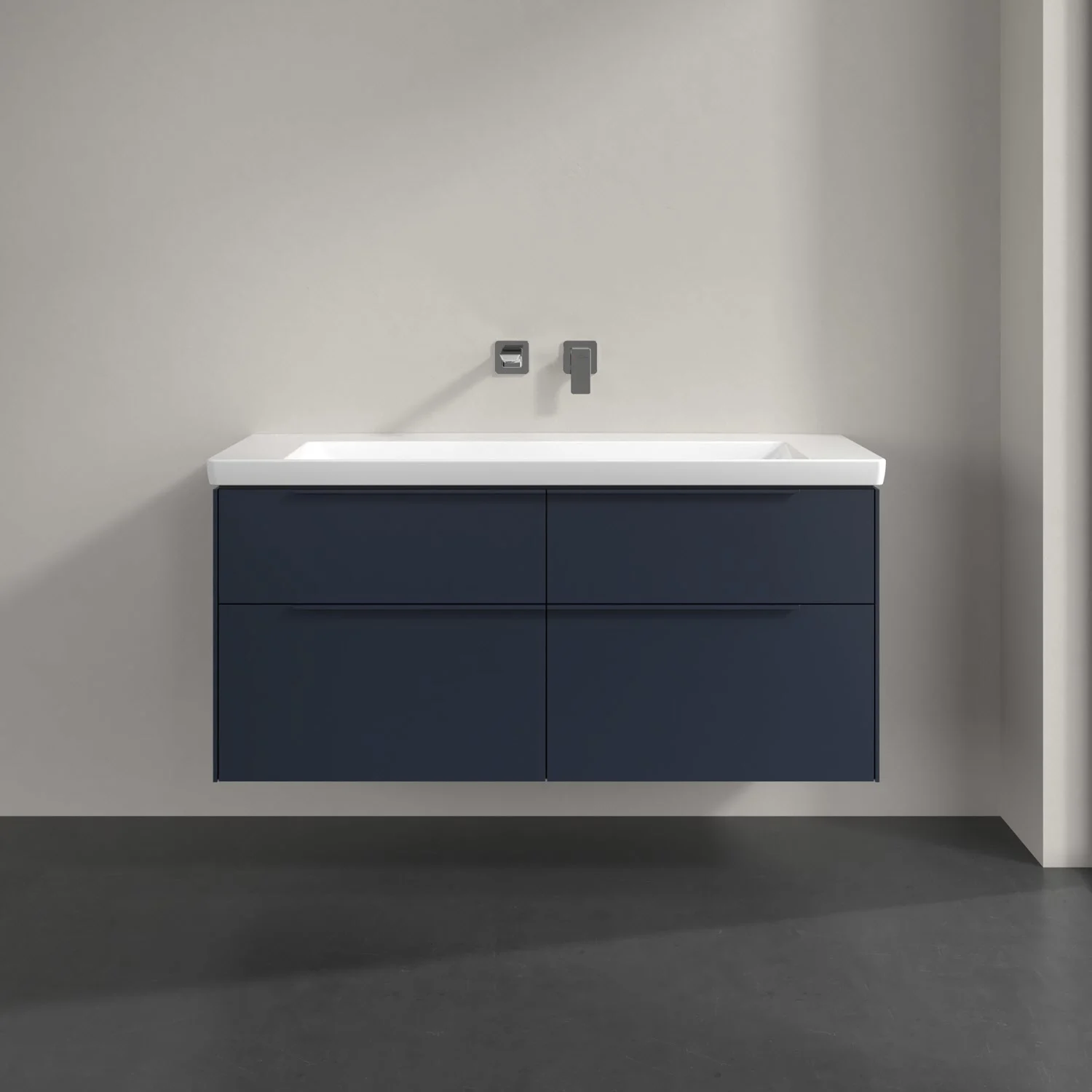 Umywalka z ciemną szafką z bliska, Villeroy & Boch